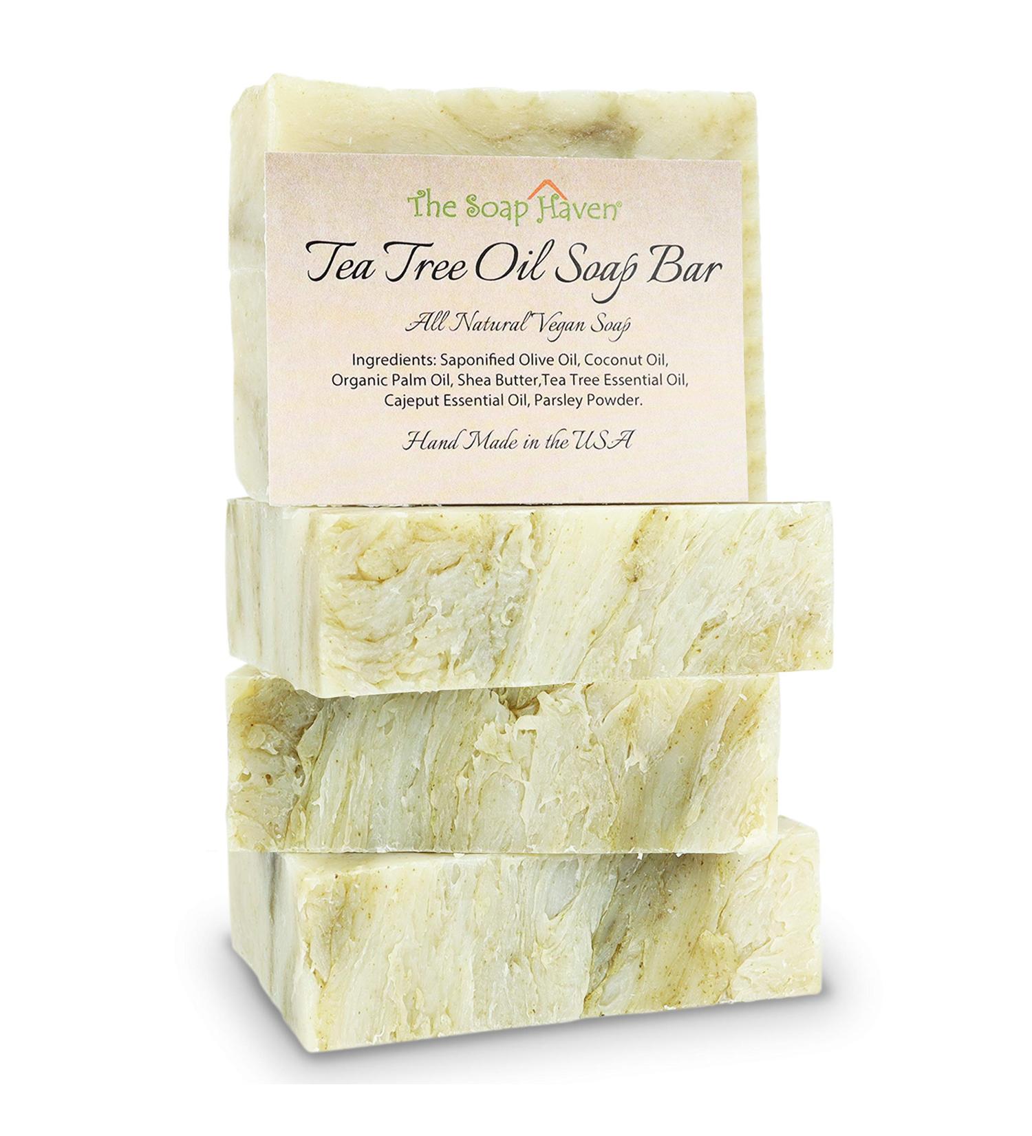 Tea Tree Oil Soap Bars - Handmade in USA, 4 Natural Bars for Face, Body, Hand & Foot Wash - Fights Acne, Itch & Body Odor - Non-GMO Ingredients - Buy Online on GoSupps.com
