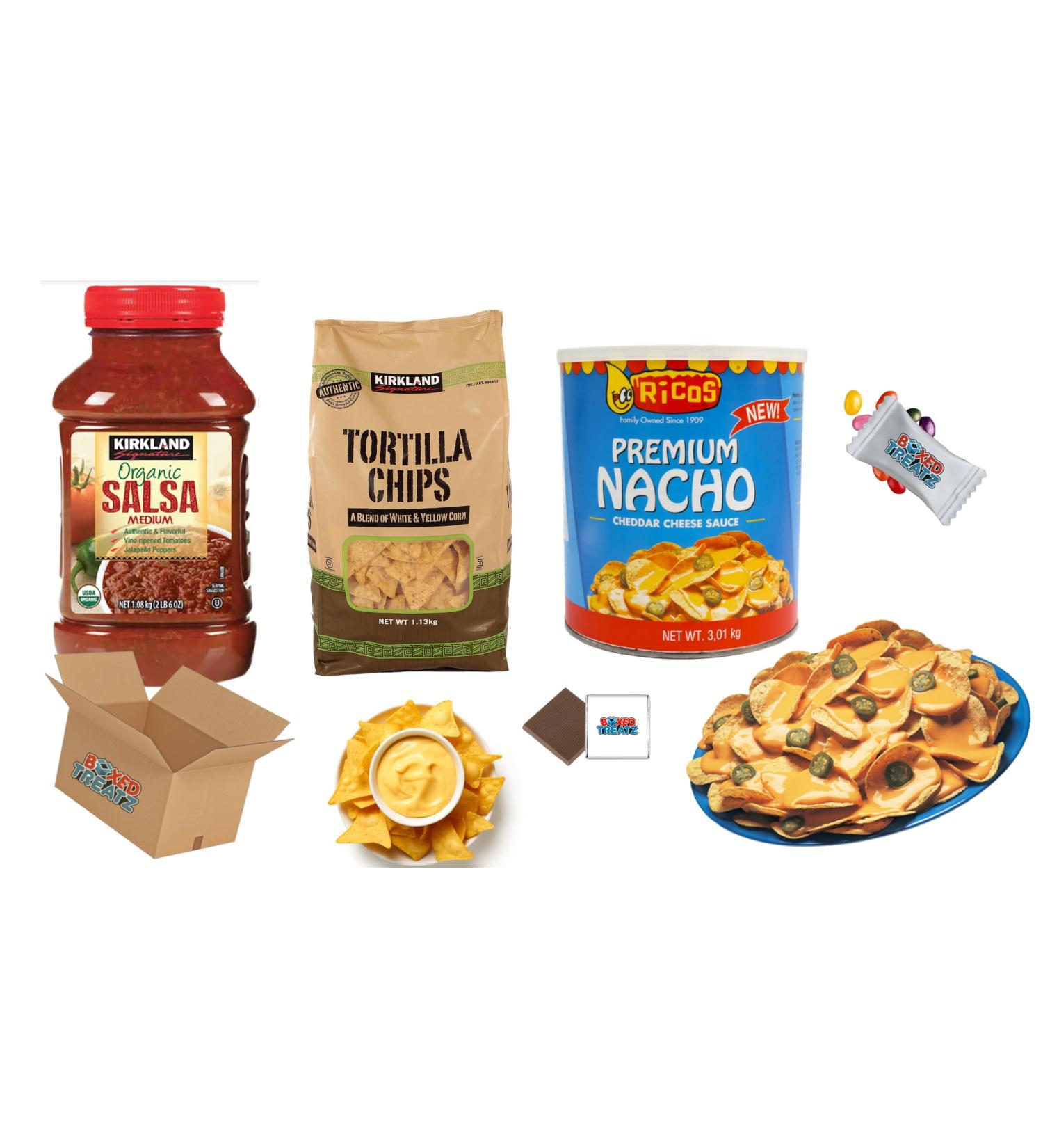 Tortilla Party Snack Bundle - Tortilla Chips 1.13kg Nacho Cheese Sauce 3kg Organic Salsa Medium 1.08kg - (Total 5.21kg) Boxed Treatz - Buy Online on GoSupps.com