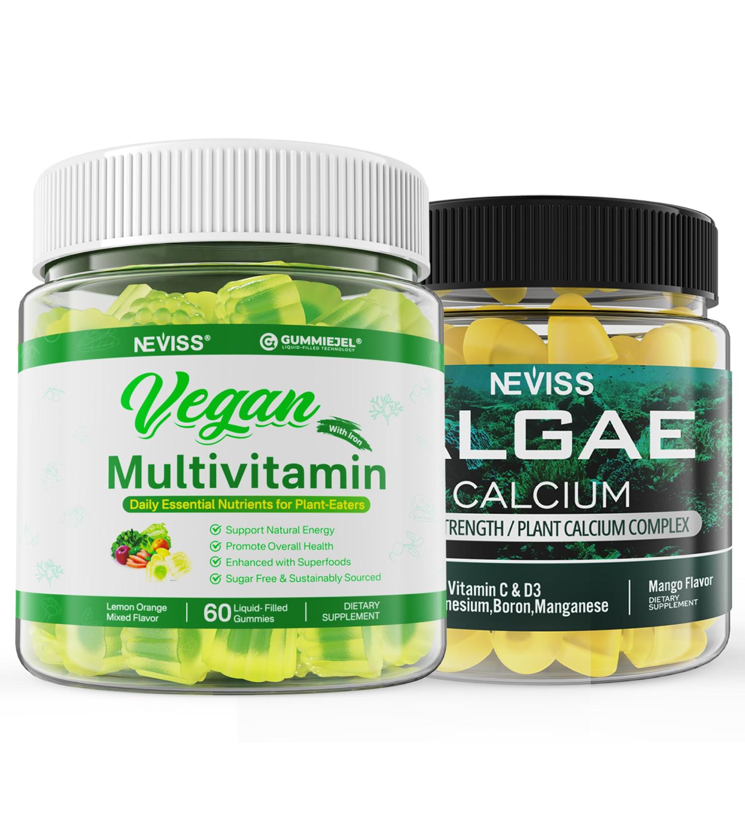Algae Calcium Gummies 600mg with Vegan Multivitamin for Women Men with Iron Vitamin B12 A D3 K2 Algae Omega 3 Magnesium Zinc - Buy Online on GoSupps.com