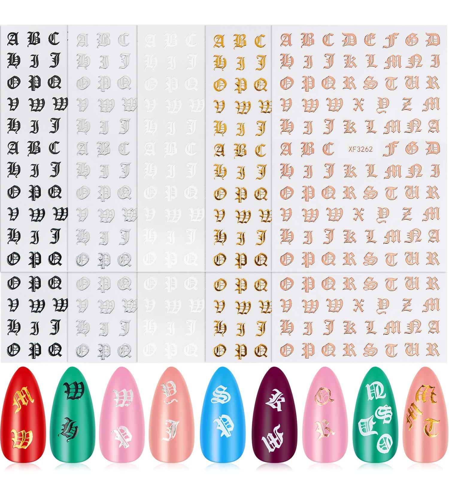 3D Alphabet Letter Nail Stickers - 10 Pieces | Adhesive Nail Decals for DIY Nail Art in 5 Colors - Buy Online on GoSupps.com