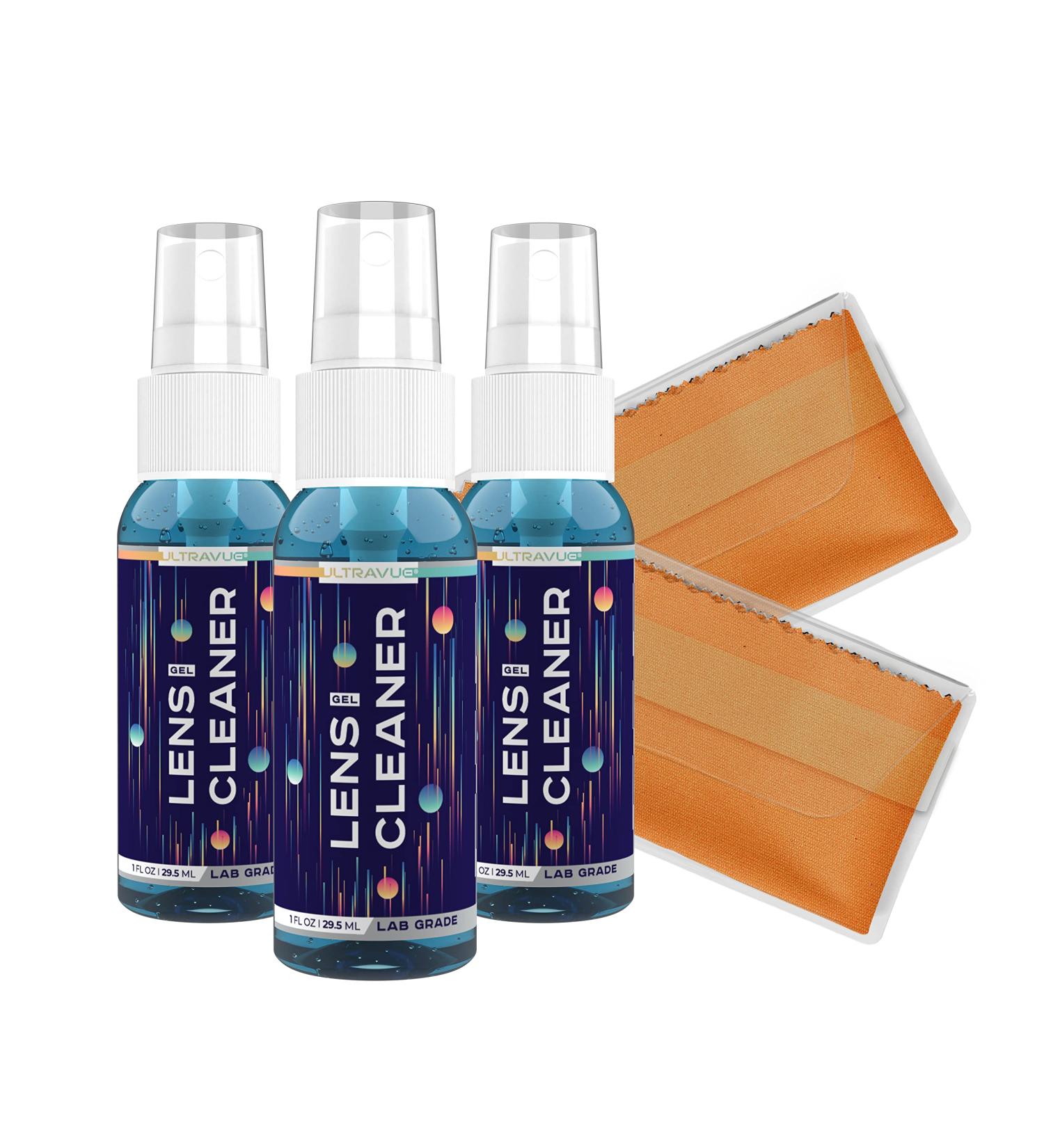 UltraVue Gel Lens Cleaner Kit - 3 x 1oz Travel Size Eye Glasses Cleaner Gel Spray  2 Microfiber Cleaning Cloths - Safe for All Lenses (AR Coated Included) Eyeglasses and Screens - Cobalt 5 1oz Gel Spray  2 Microfiber Cloth - Buy Online on GoSupps.com