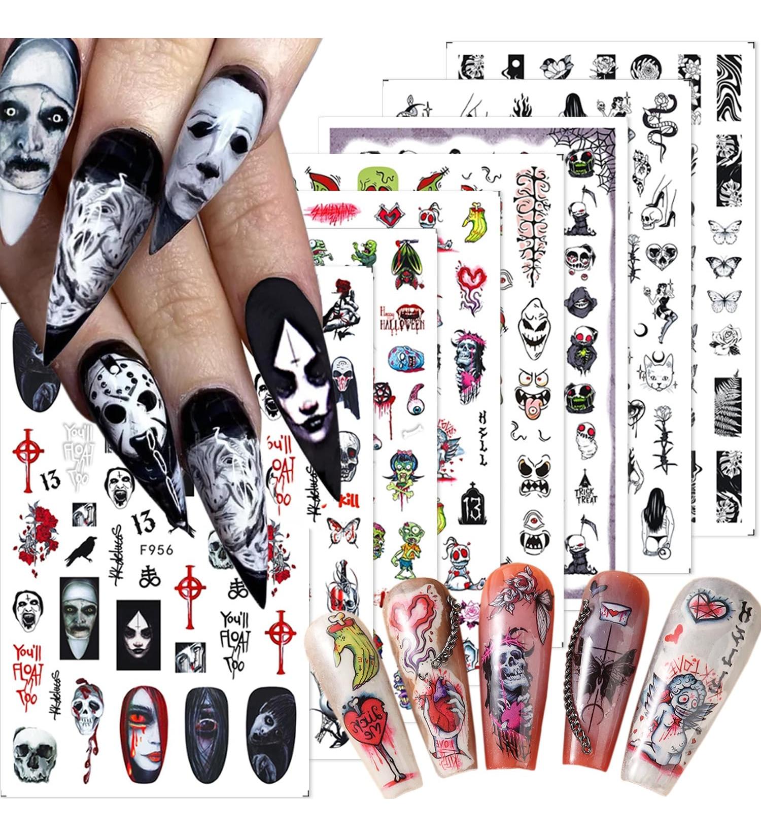 10 Sheets Halloween Nail Art Stickers | Ghost Skull Butterfly & Snake Designs | 3D Self-Adhesive Nail Decals for Women & Girls - DIY Acrylic Nail Decorations - Buy Online on GoSupps.com