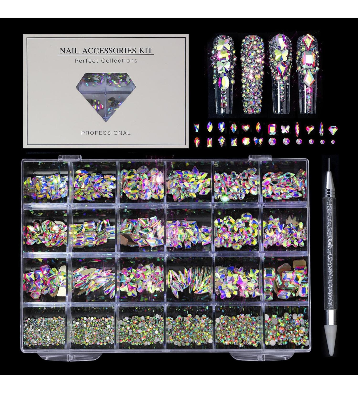 Nail Gems Multi Shapes Rhinestone Flatback Gems Accessories Kit - Round Crystal Rhinestones Kit Iridescent Ab Charm Bead Manicure Decoration with Pickup Pencil Huyath - Buy Online on GoSupps.com