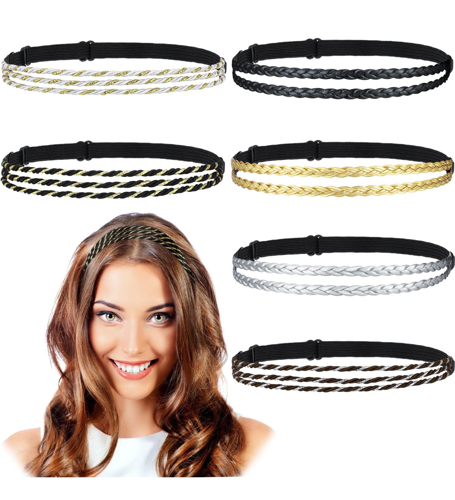 6-Piece Adjustable Elastic Braided Headbands for Women - No Slip Stretchy Hippie Hair Accessory - Double and Triple Strand Mixed Material - Buy Online on GoSupps.com