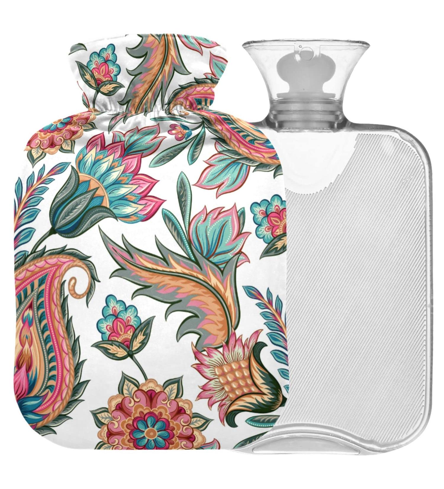 NAANLE 2L Transparent Hot Water Bottle with Paisley Flower Cover | Large Heat Therapy for Menstrual Cramps & Pain Relief - Ideal for Hands & Feet - Buy Online on GoSupps.com