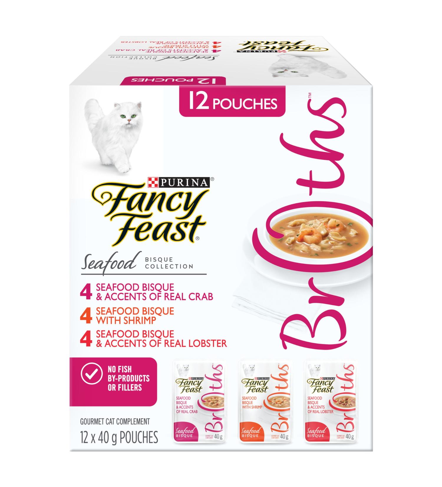 Fancy Feast Broths Cat Food Complement Seafood Bisque Collection Variety Pack 3 Flavours - 40 g Pouch (12 Pack) Seafood Bisque Variety 12 - Buy Online on GoSupps.com