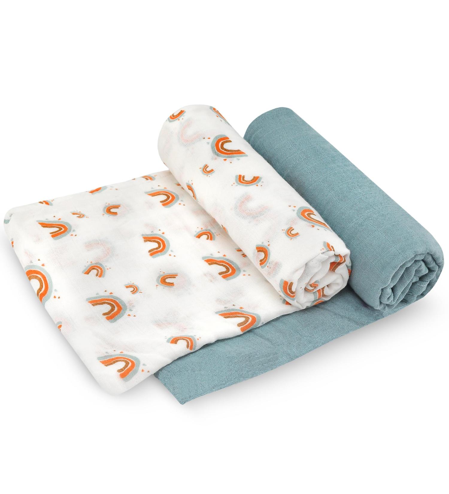 Fern & Avery Swaddle Blankets - Gender Neutral Muslin Swaddles for Baby Boy or Girl - Set of 2 Rainbow Blue Newborn Essential Receiving Blankets - Buy Online on GoSupps.com