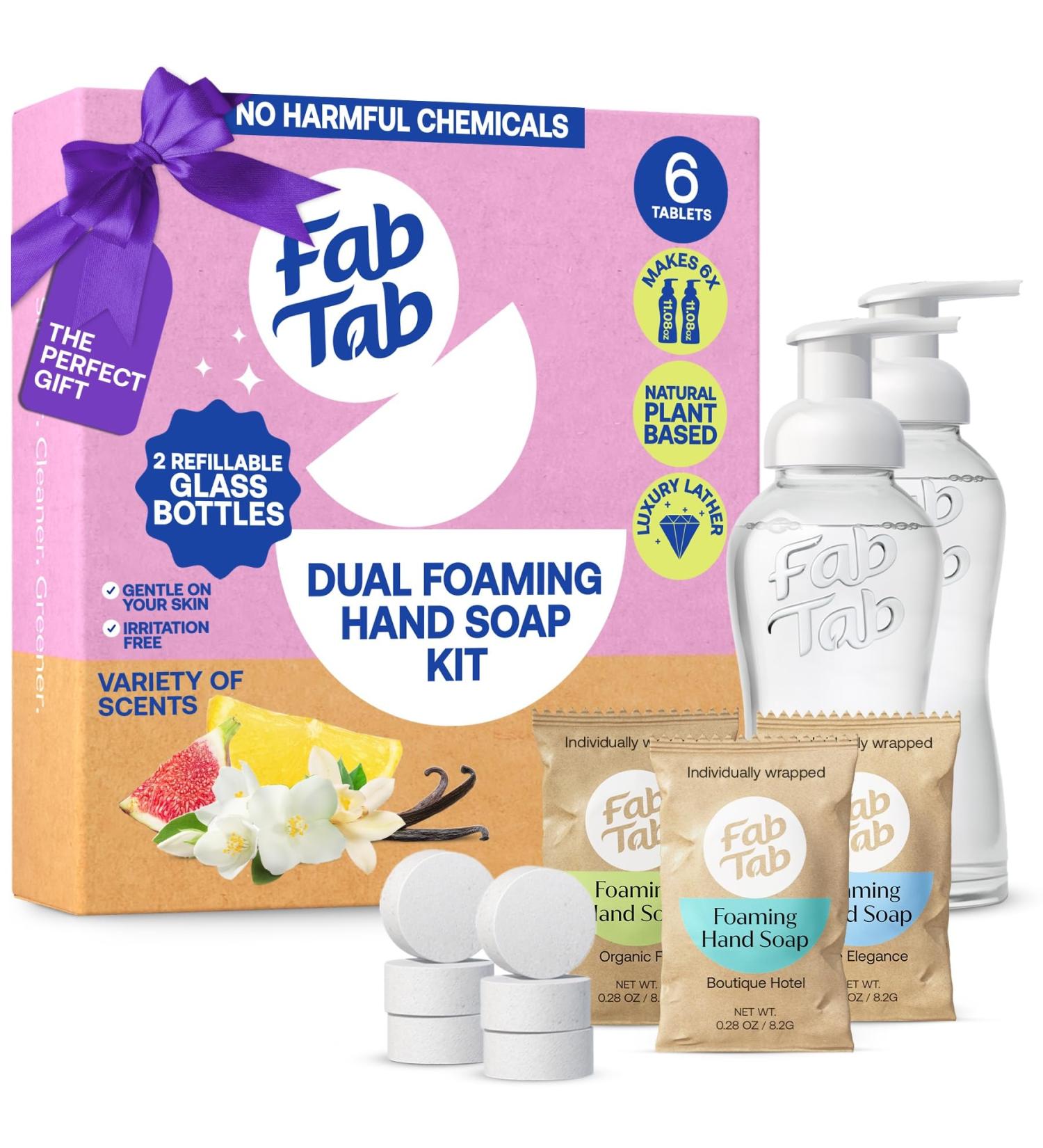 Fab Tab Dual Foaming Hand Soap Kit - 2 Refillable Glass Foaming Hand Soap Dispensers + 6 Tablet Refills - Variety Scents - Makes 6 x 11.9 Fl oz Bottles (71 Fl oz Total) 11.9 Fl Oz (Pack of 6) - Buy Online on GoSupps.com
