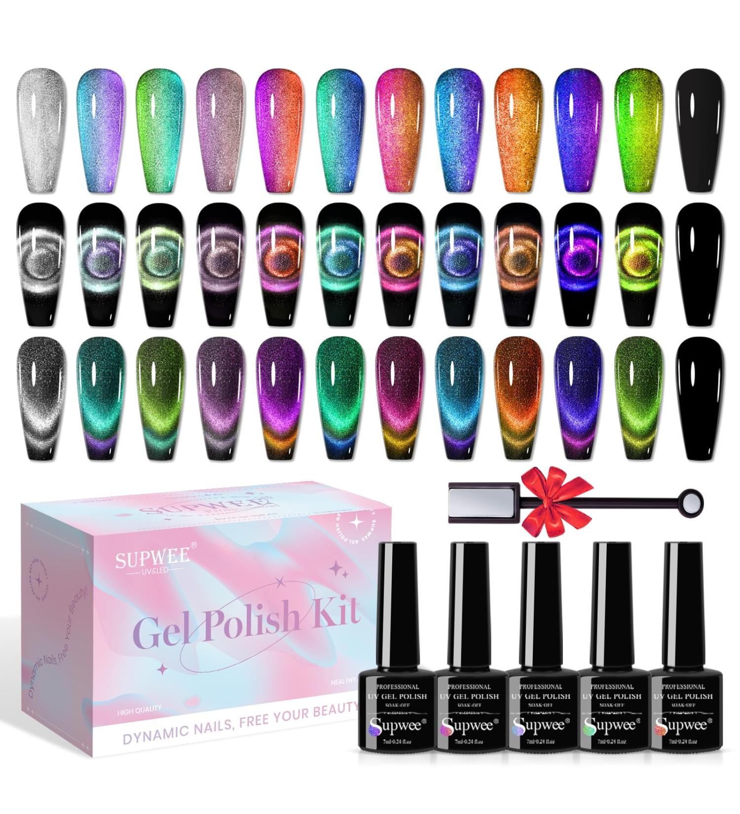 Supwee Cat Eye Gel Nail Polish Set - 12 Colors, 9D Magnetic with Glitter Galaxy Effect for Manicure at Home or Salon - Buy Online on GoSupps.com