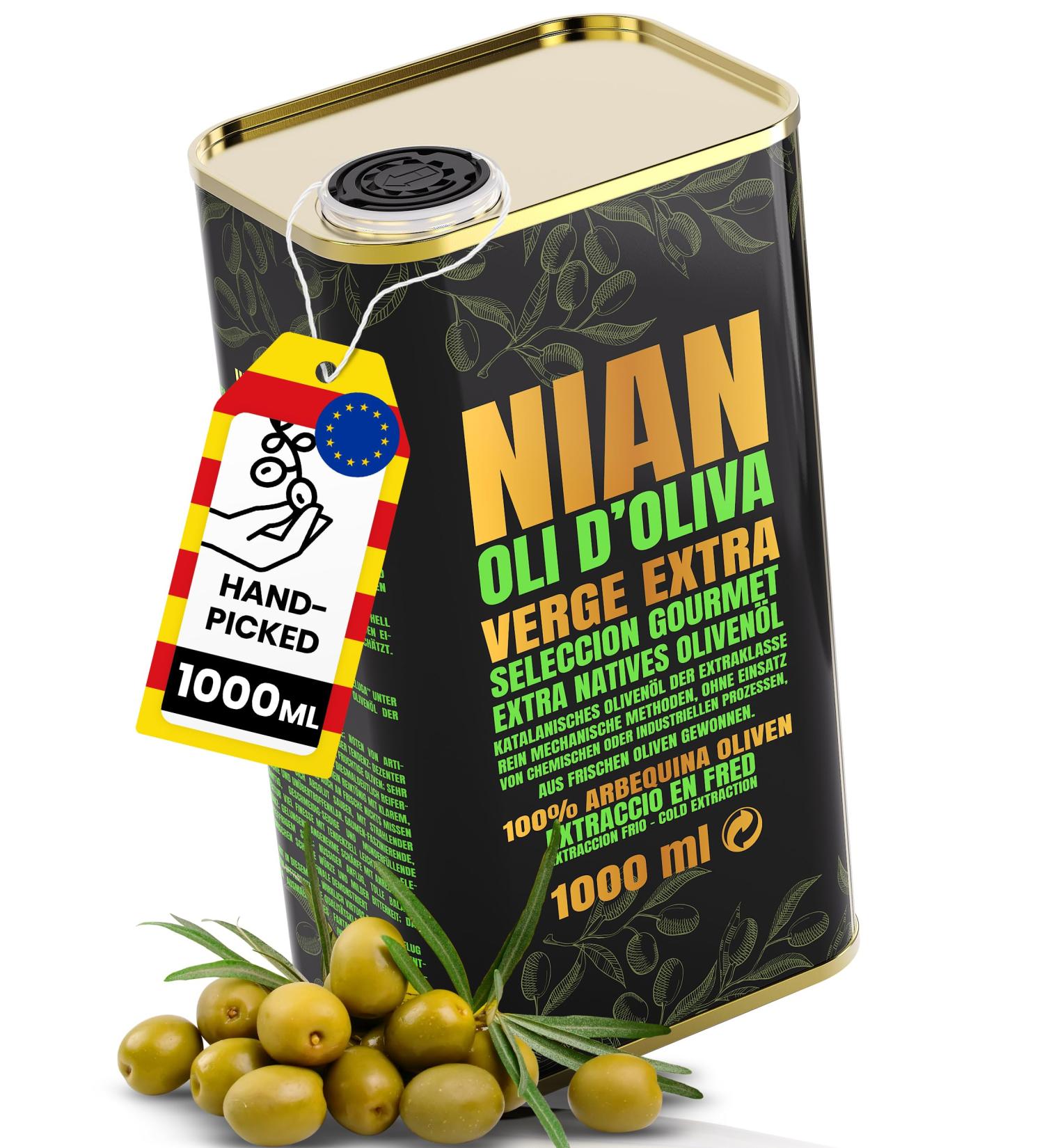  NIAN NIAN Extra Virgin Olive Oil - 1 Litre Bottle - Olive Oil from Star Chefs - 100% Pure - Arbequina Olives from the Last Harvest - Refill Can with Practical Pouring Spout - Buy Online on GoSupps.com