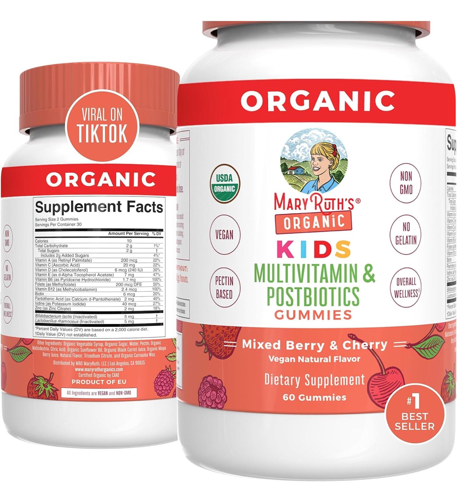 MaryRuths Organic Kids Multivitamin Gummies + Postbiotics | Ages 4+ | Lactobacillus Rhamnosus | Vegan | Non-GMO | 60 Count - Buy Online on GoSupps.com