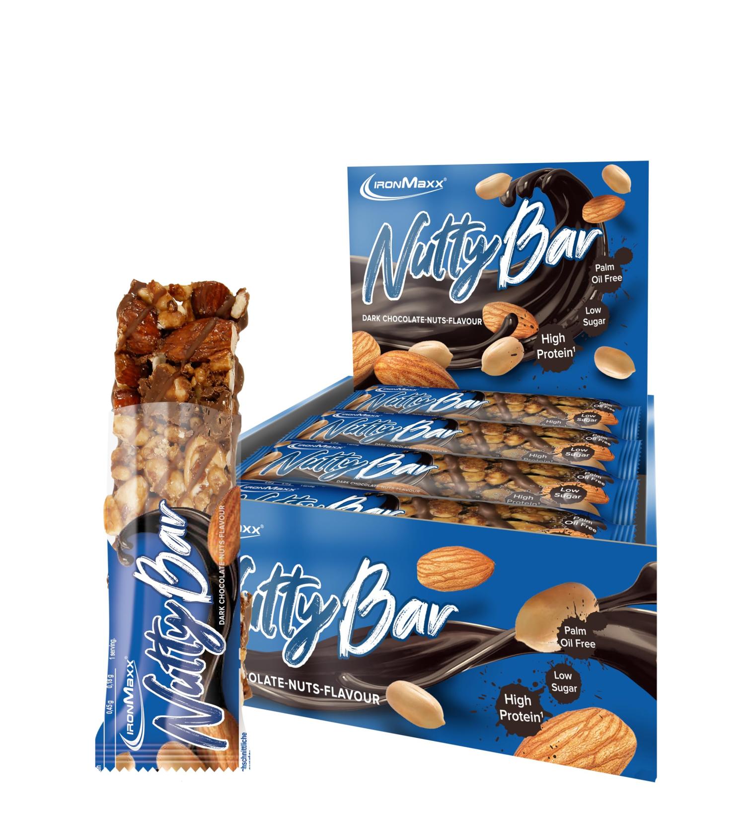 IronMaxx Nutty Bar - Dark Chocolate & Whole Nuts | Gluten-Free Protein Bars | 12x40g - No Palm Oil - Buy Online on GoSupps.com