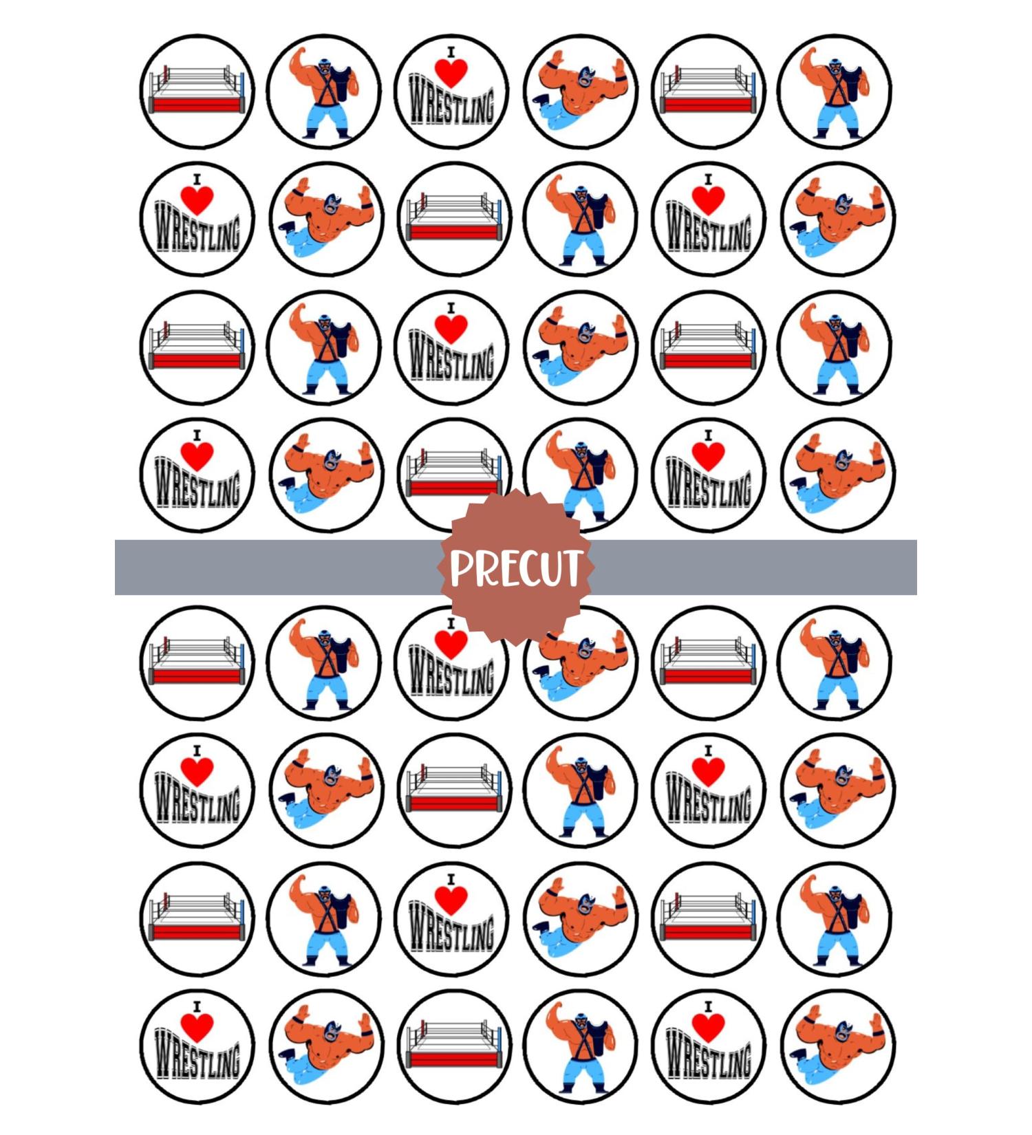 PRECUT Wrestling Edible Mini Cupcake Toppers - Premium Thickness SWEETENED VANILLA - wafer card disc cake decorations (Pack of 24)