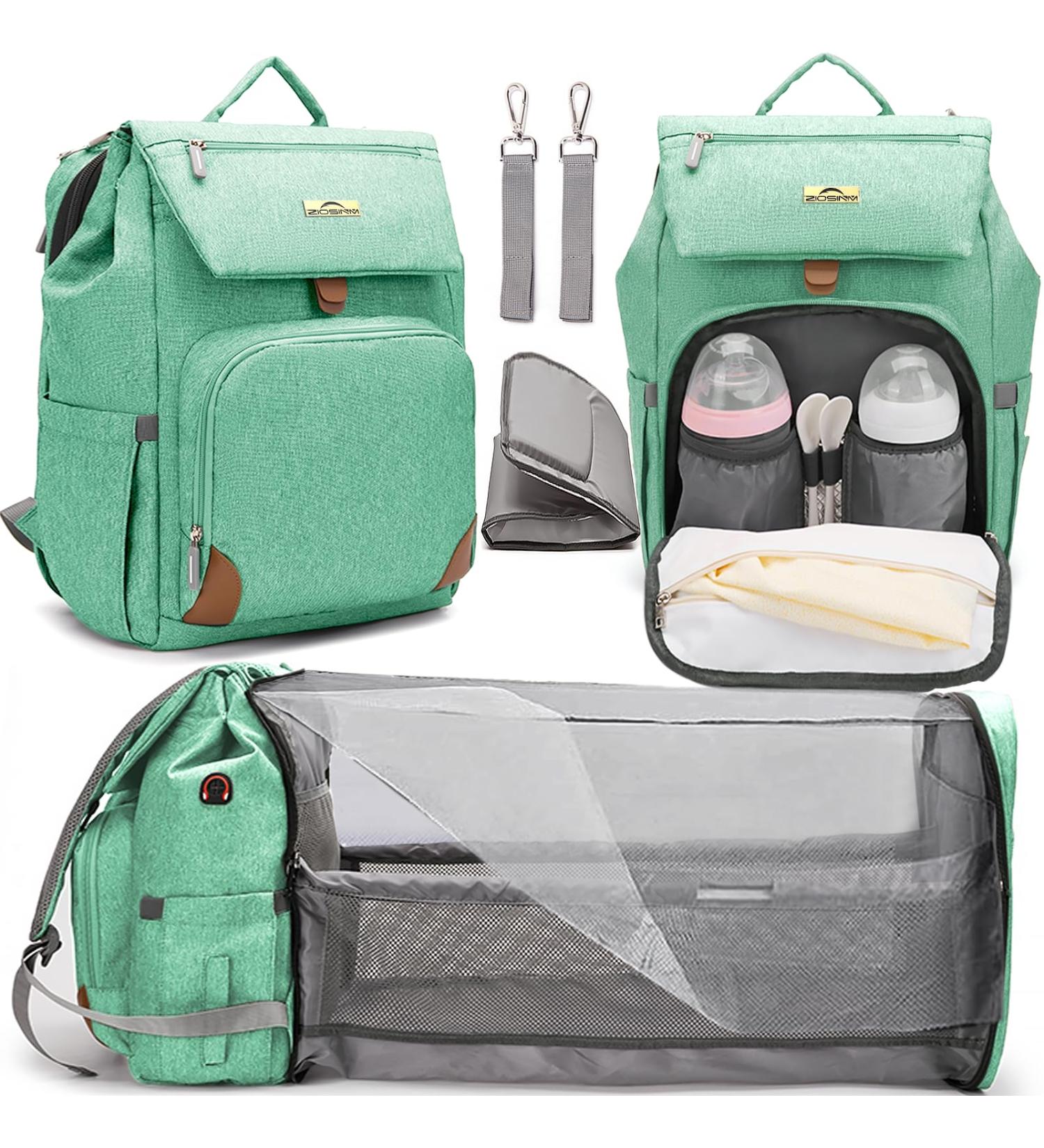 Ziosinm Diaper Backpack with Bed Function & Mosquito Nets - Large Diaper Bag for Strollers - Green Baby Diaper Bag with Changing Pad & Stroller Belt - Buy Online on GoSupps.com