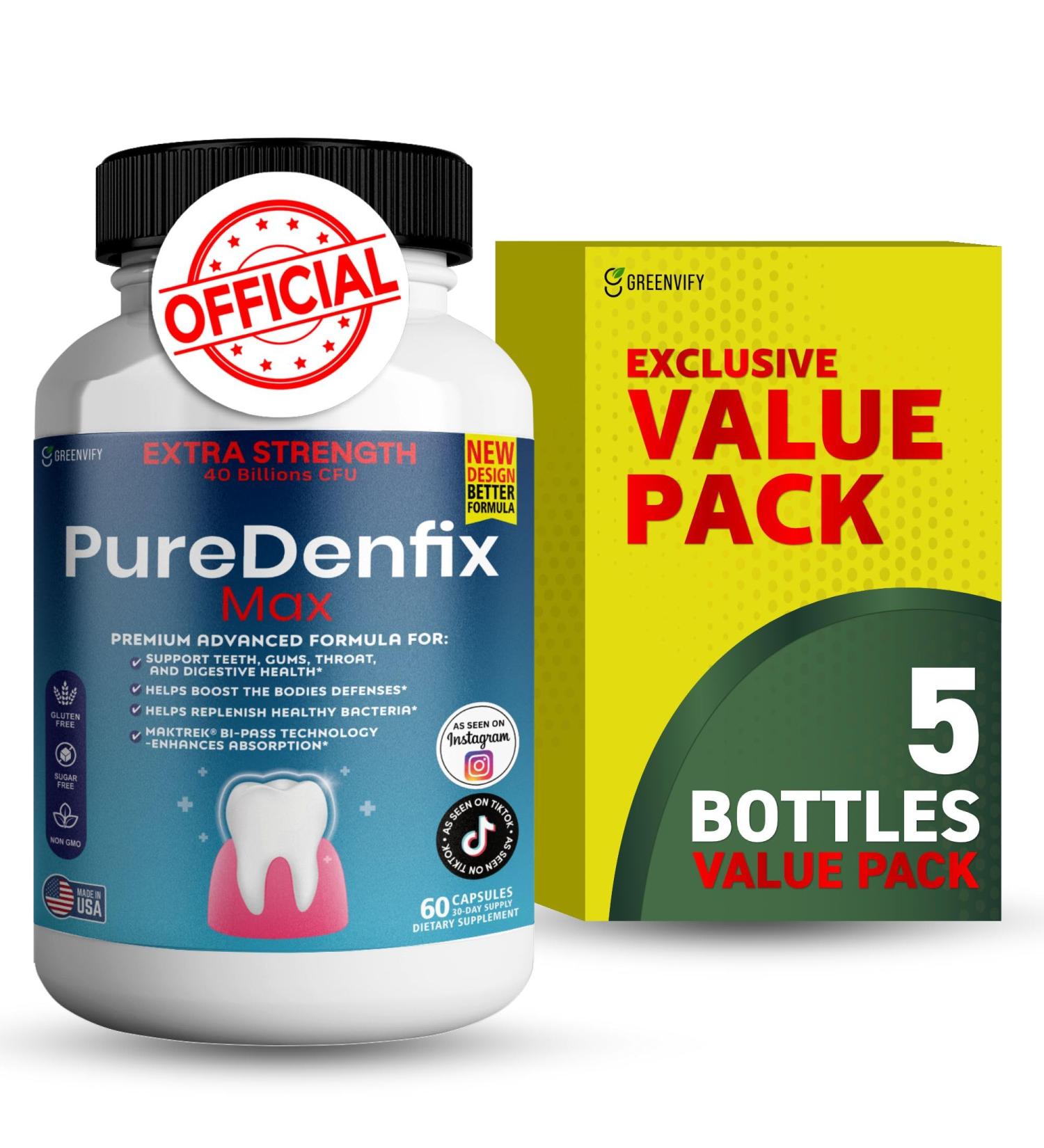 PureDenfix Max Extra Strength Probiotic Supplement with 40 Billion CFU Supports Teeth Gums Ear Nose Throat & Digestive Health 60 Capsules (5) - Buy Online on GoSupps.com