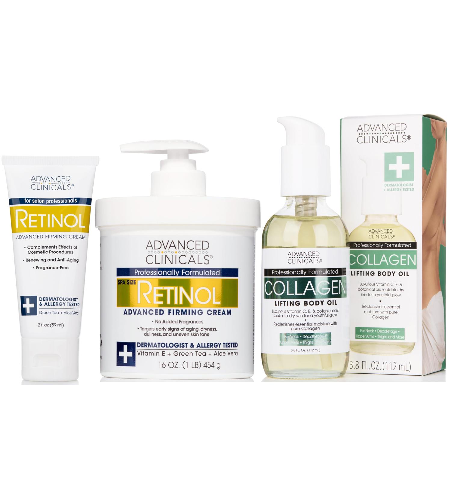 Advanced Clinicals Retinol Firming Cream + Retinol Travel Size Firming Cream + Collagen Lifting Body Oil Set - Buy Online on GoSupps.com