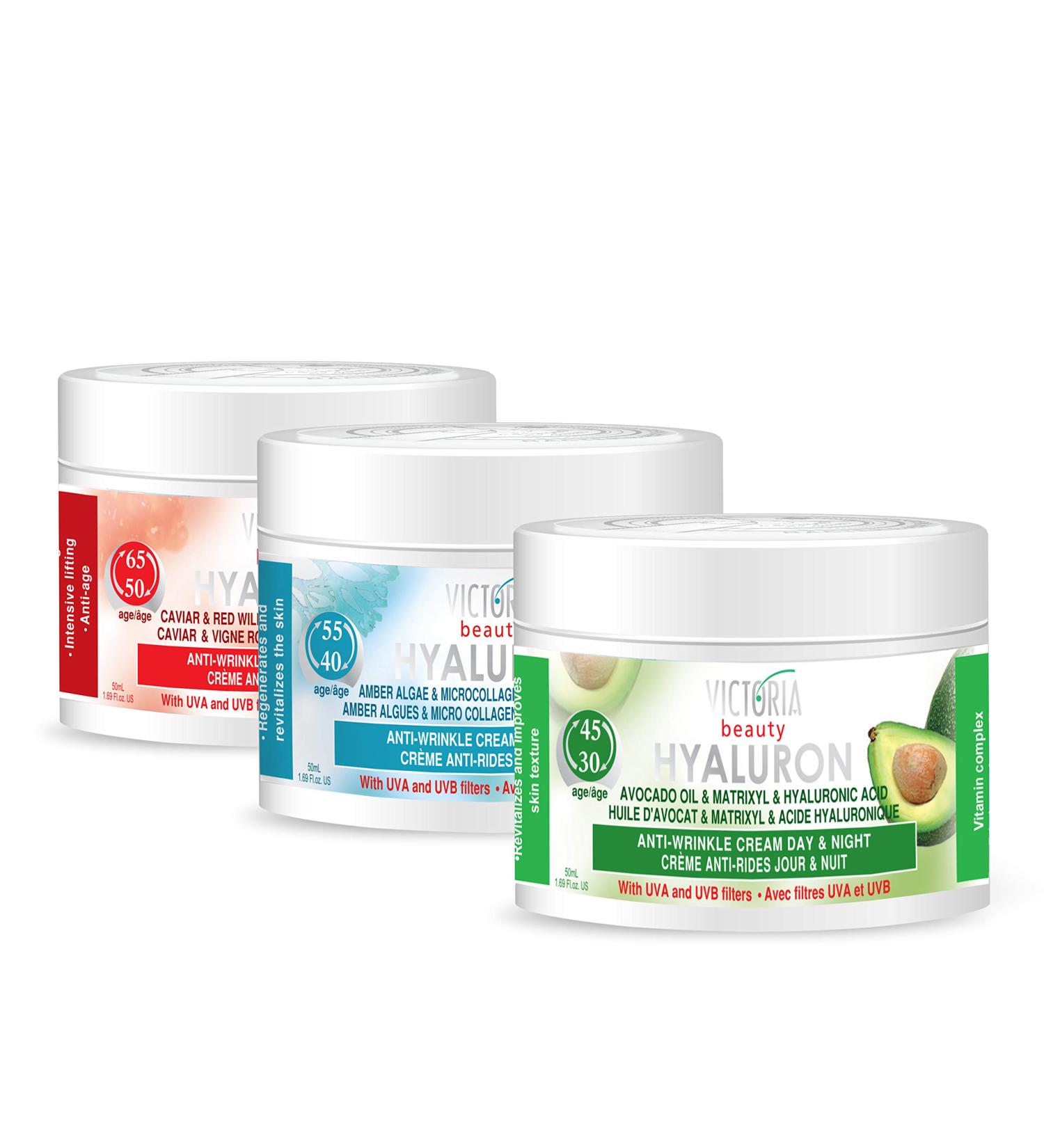 The Best Women Face Care Gift Set - Hyaluronic Acid Anti-Wrinkle Day and Night Creams Enriched with Avocado oil Micro Collagen and Retinol UV Filters Ages 30-65 3x50ml - Buy Online on GoSupps.com