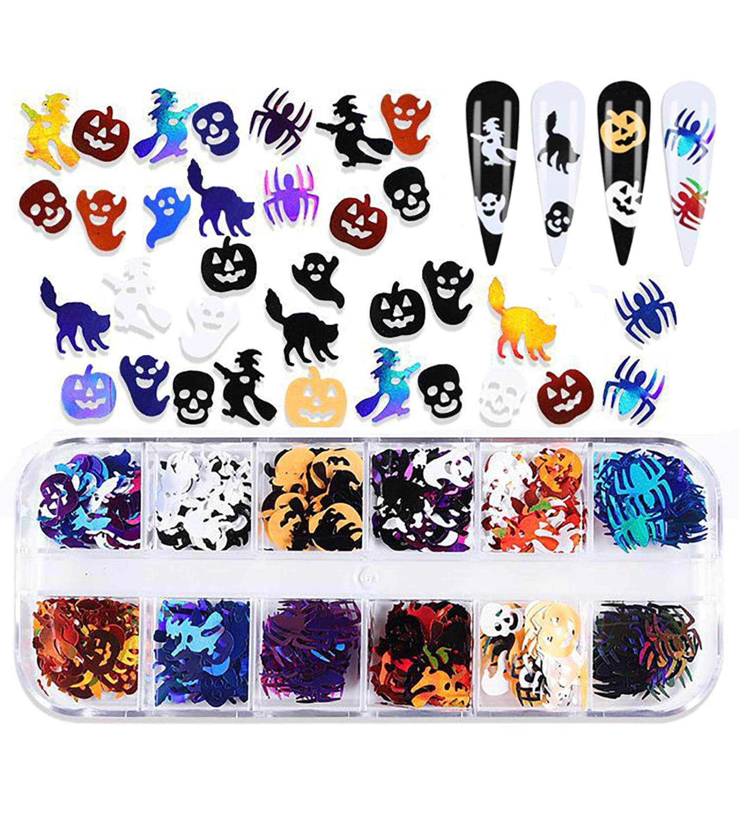 Halloween Nail Sequins 1 Box 12 Grids Ghost Witch Skeleton Spider Pumpkin Cat Nail Glitter Flakes Halloween Skull Nail Art Glitter Nail Accessories for Women Girls Nail Art Design Decoration - Buy Online on GoSupps.com