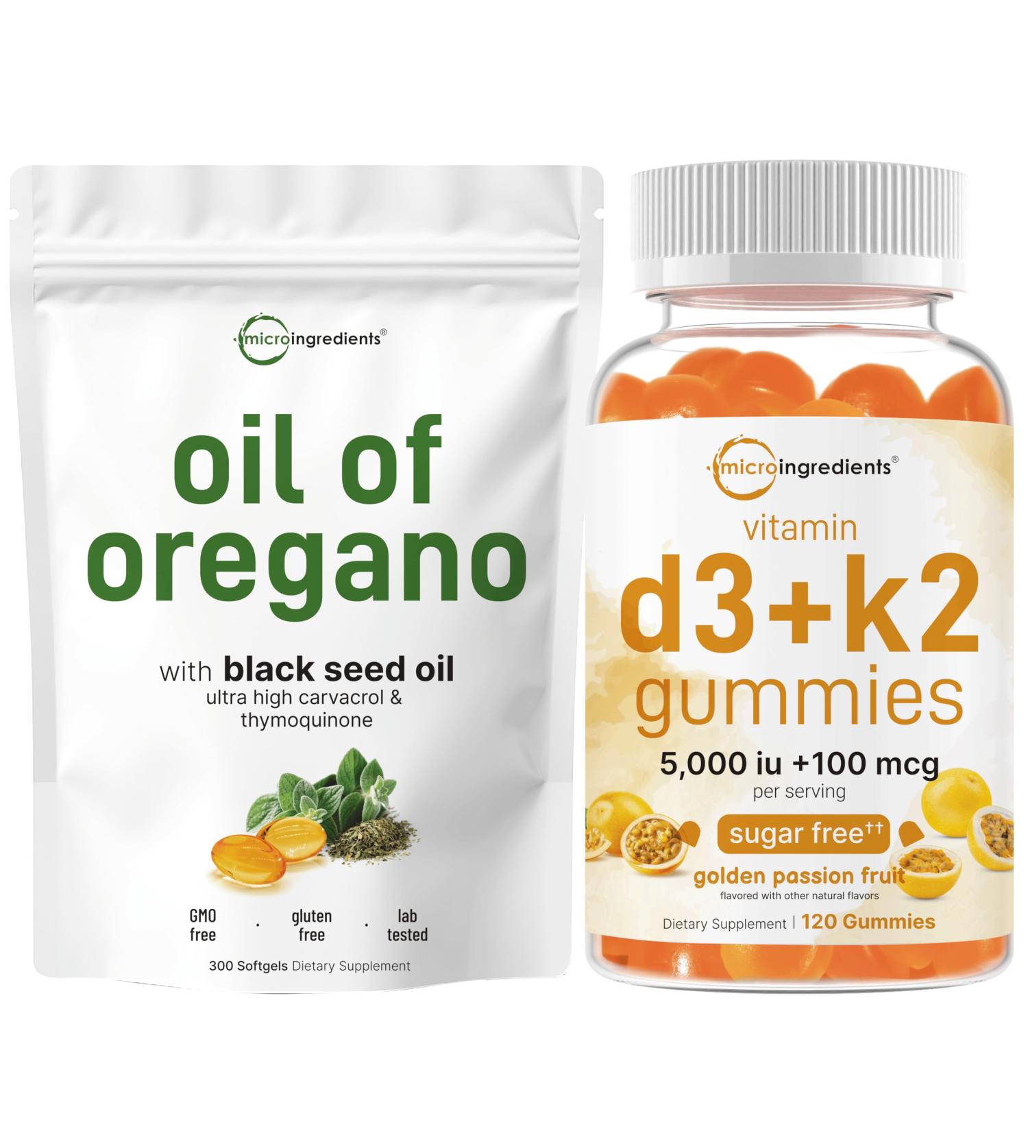 Micro Ingredients Vitamin D3 K2 Gummies & Oil of Oregano Softgels | Bundle | Sugar-Free Golden Passion Fruit Flavor | 5 000 IU D3 + 100 mcg K2 MK-7 | 4X Strength Carvacrol & Thymoquinone - Buy Online on GoSupps.com