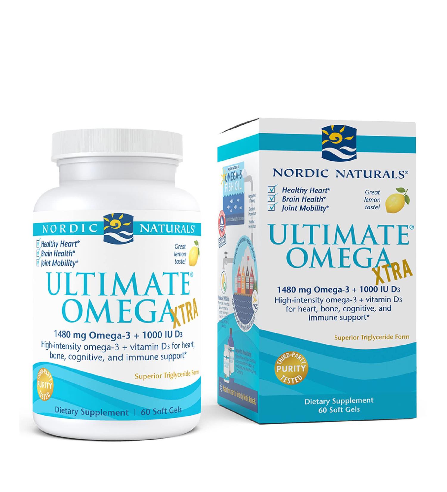 Nordic Naturals Ultimate Omega Xtra - 1480mg Omega-3 + 1000 IU Vitamin D3, 60 Soft Gels, Lemon Flavor for Brain, Heart & Joint Health - Buy Online on GoSupps.com