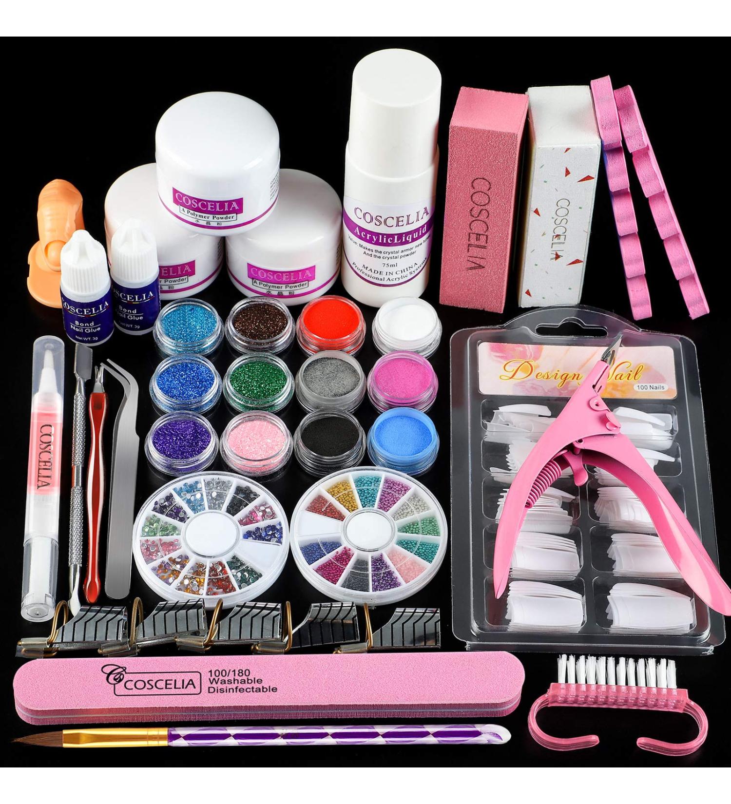 Acrylic Nail Kit for Beginners & Professionals - 3 Colors Powder, 12 Glitter Powders, Nail Tips & Supplies for Nail Extension & Decoration - DIY Acrylic Nails 147 - Buy Online on GoSupps.com