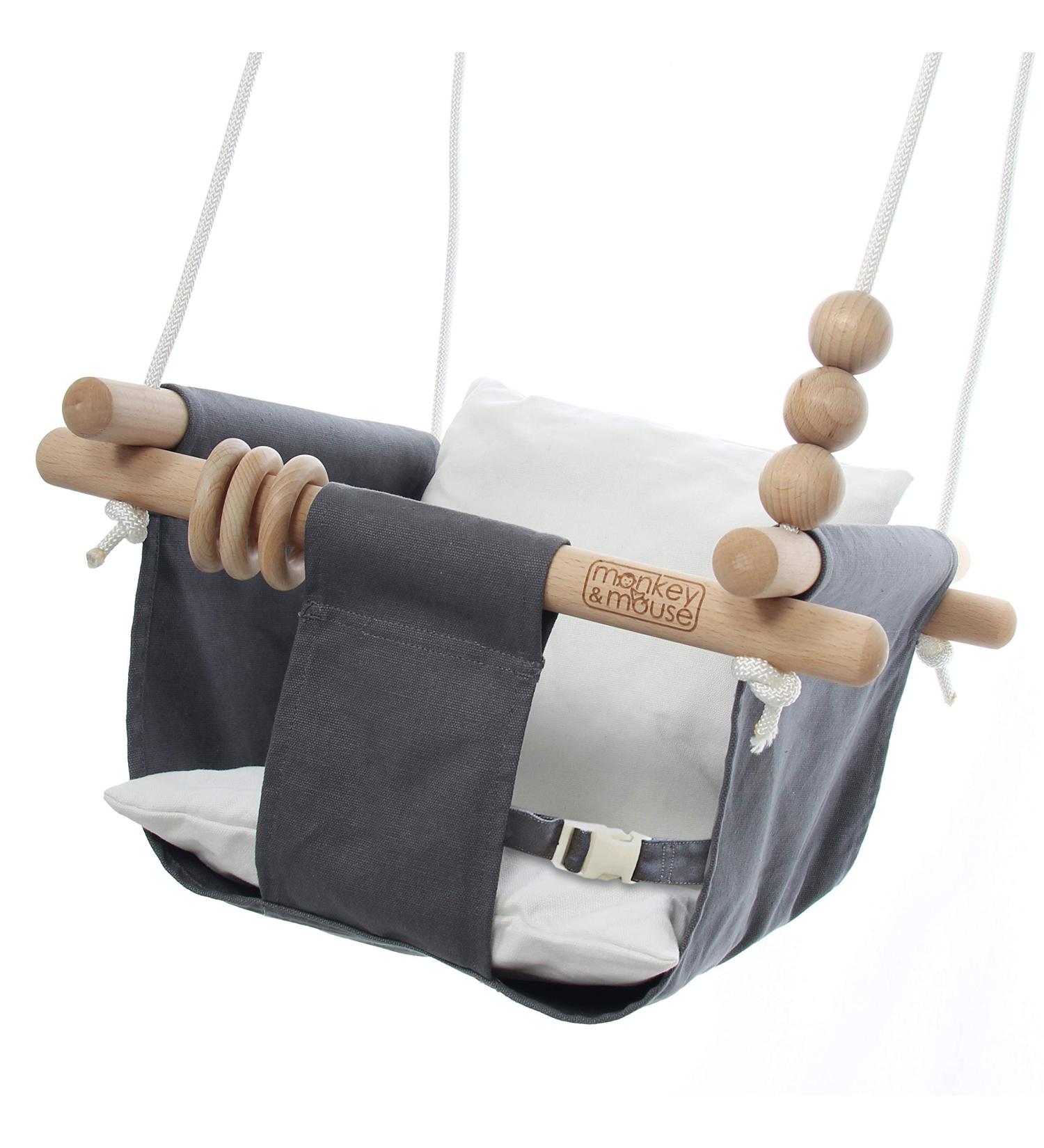 Baby Swing Seat Secure Canvas Wooden Hanging Chair for Infants Toddlers Kids Indoor Outdoor Hammock Grey White