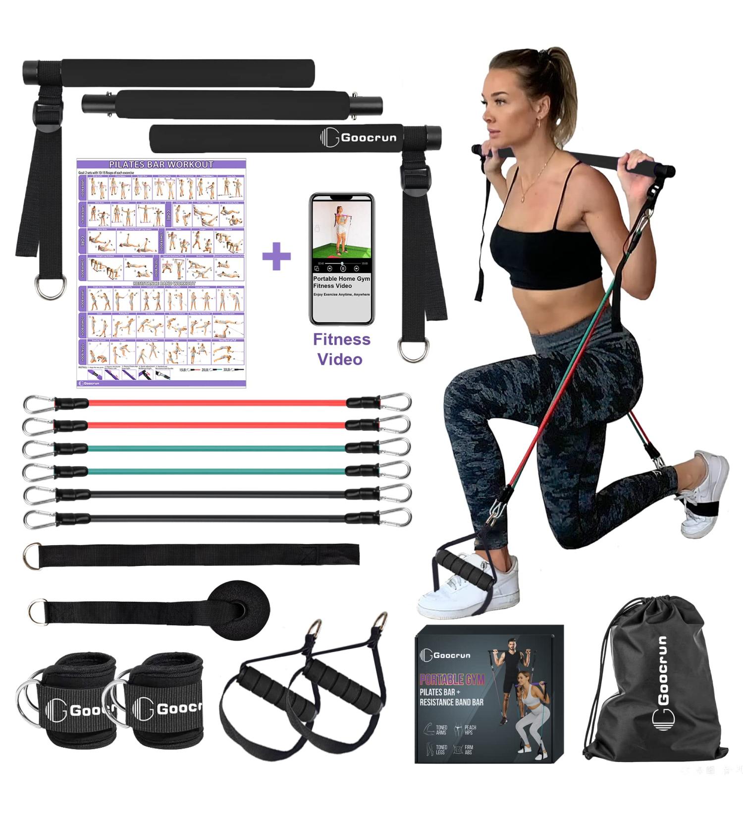 Portable Home Gym Pilates Bar & Resistance Band Combo Set - Full-Body Workout Equipment with Video - Black - Buy Online on GoSupps.com