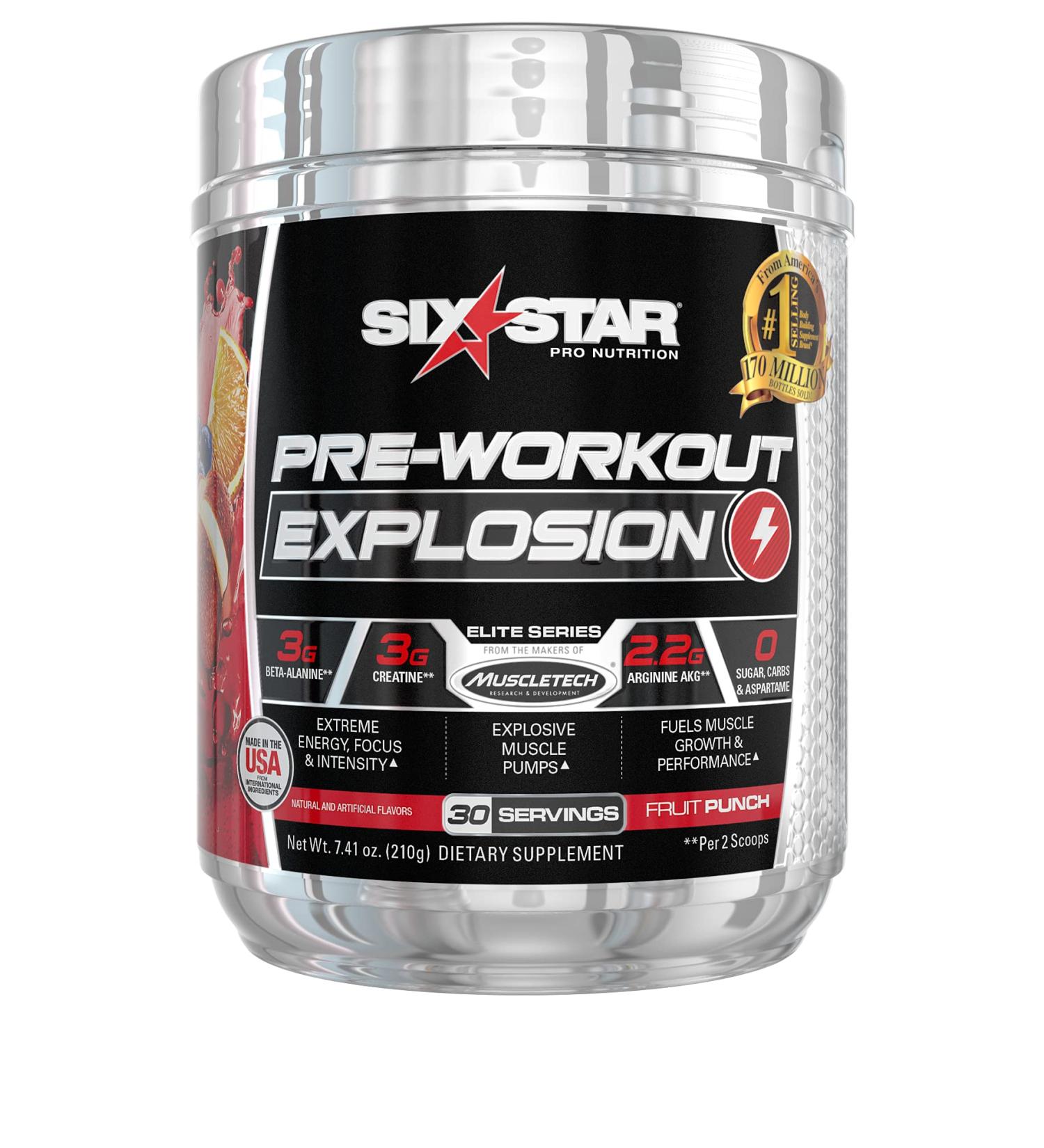 Six Star PreWorkout Explosion Powder - Energy Drink Mix for Men & Women (Fruit Punch, 30 Servings) - Buy Online on GoSupps.com