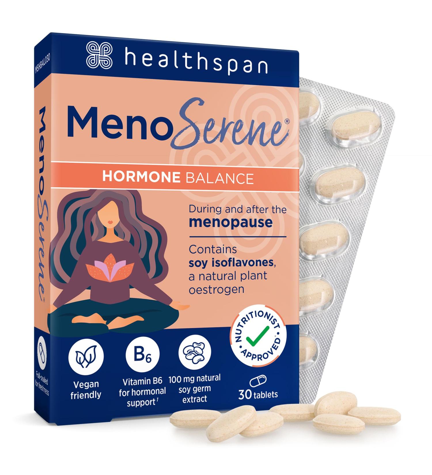 Healthspan MenoSerene Hormonal Balance Tablets - Menopause & Hormonal Support with Soy Extract and Vitamin B6 | Vegan-Friendly - Buy Online on GoSupps.com