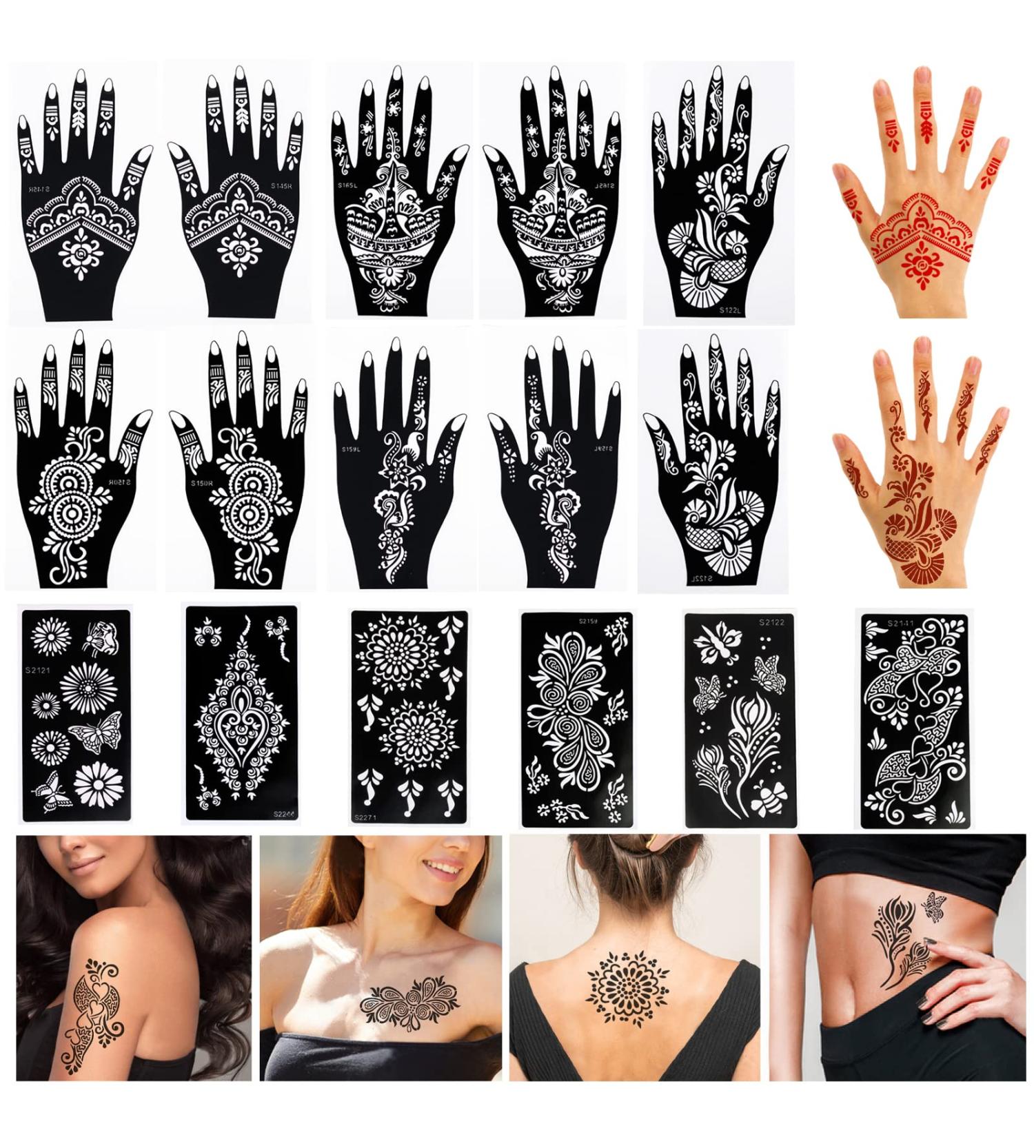 Henna Tattoo Stencil Kit - 16 Sheets for Hands, Legs & Body - Glitter Airbrush DIY Indian Temporary Tattoo Stickers for Women & Girls - Buy Online on GoSupps.com
