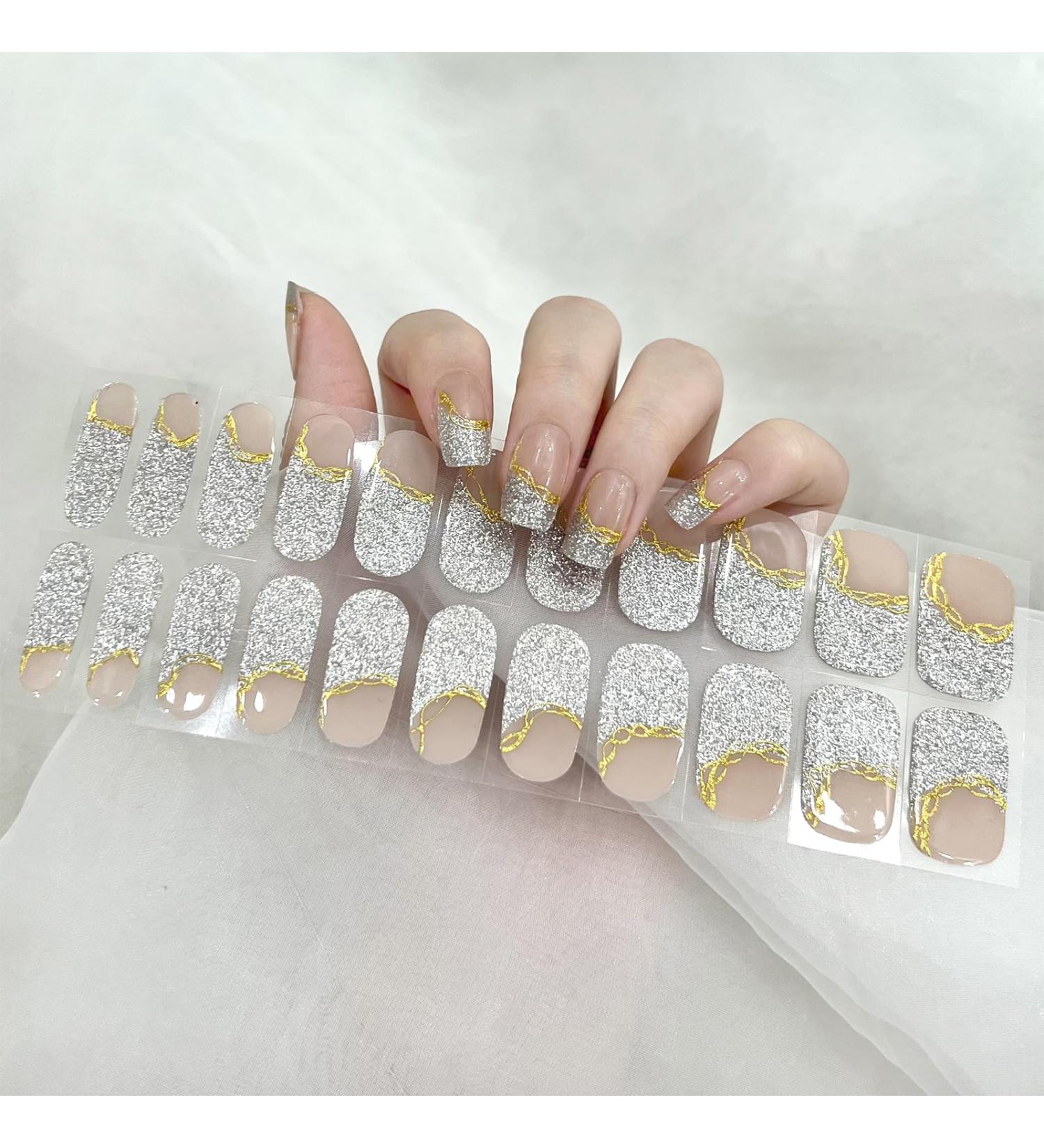 Semi Cured Gel Nail Wraps 22Pcs Glitter Silver Gel Nail Polish Strips Self-Adhesive Gold Lines Gel Nail Stickers Salon-Quality French Manicure Kit with with 2 Prep Pads Nail File & Wooden Stick - Buy Online on GoSupps.com