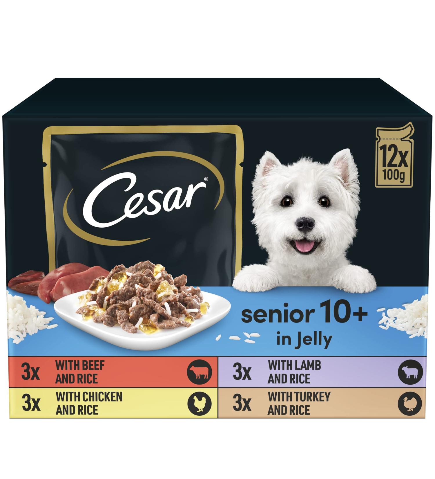 CESAR Senior 10+ Deliciously Fresh Wet Dog Food Pouches Aged Dogs Mixed Selection in Jelly Suitable for Senior Dogs Aged 10+ Pack of 4 (4 x 12 Pouches x 100 g) - Buy Online on GoSupps.com