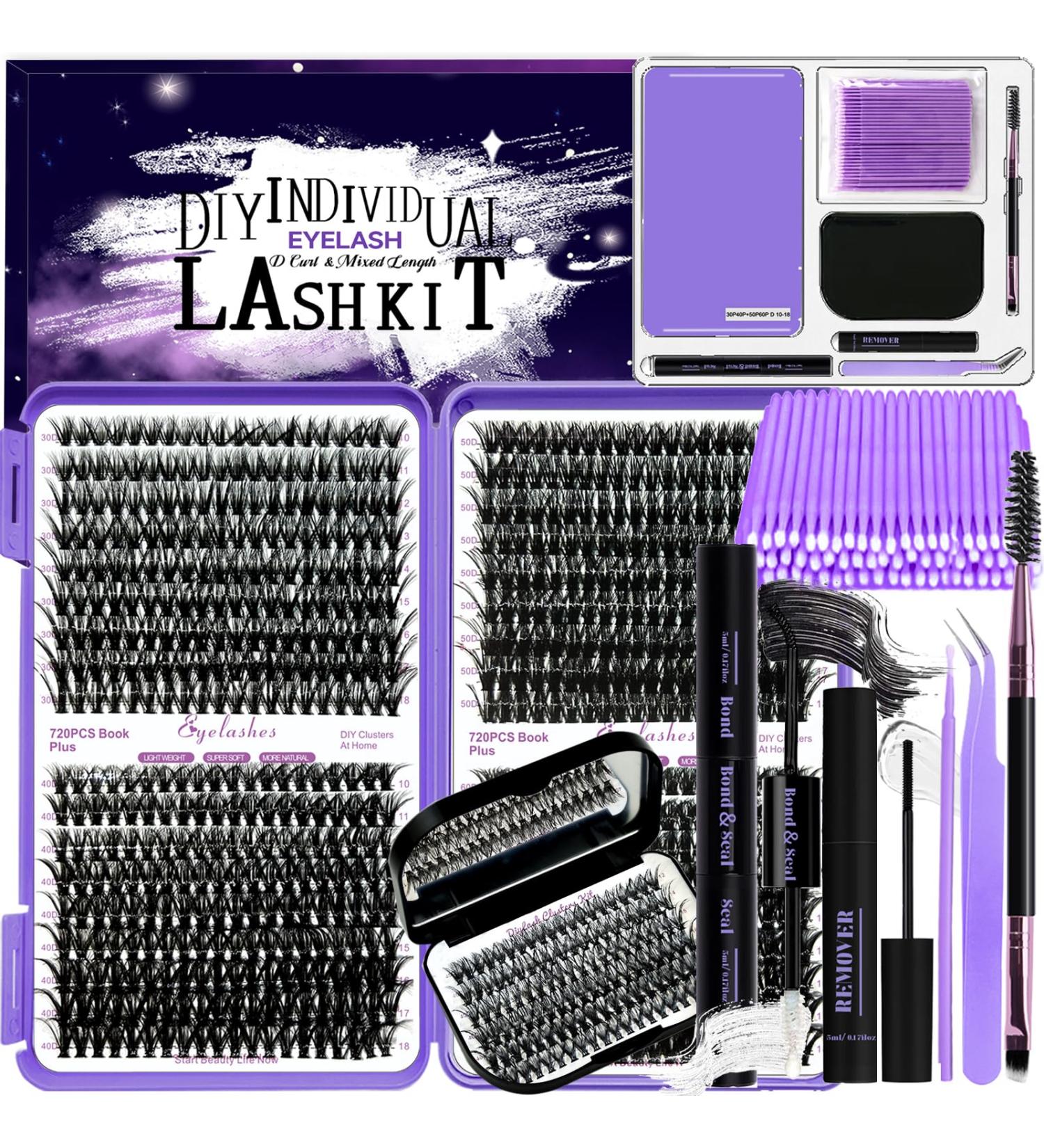 DNSGOOR DIY Lash Extension Kit 840Pcs D Curl Individual Lash Clusters Eyelashes Extension Set with Mirror Lash Storage Box Lash Bond&Seal Glue Remover Tweezers Lash Brush Applicator A-Lash Kit 30-60D - Buy Online on GoSupps.com