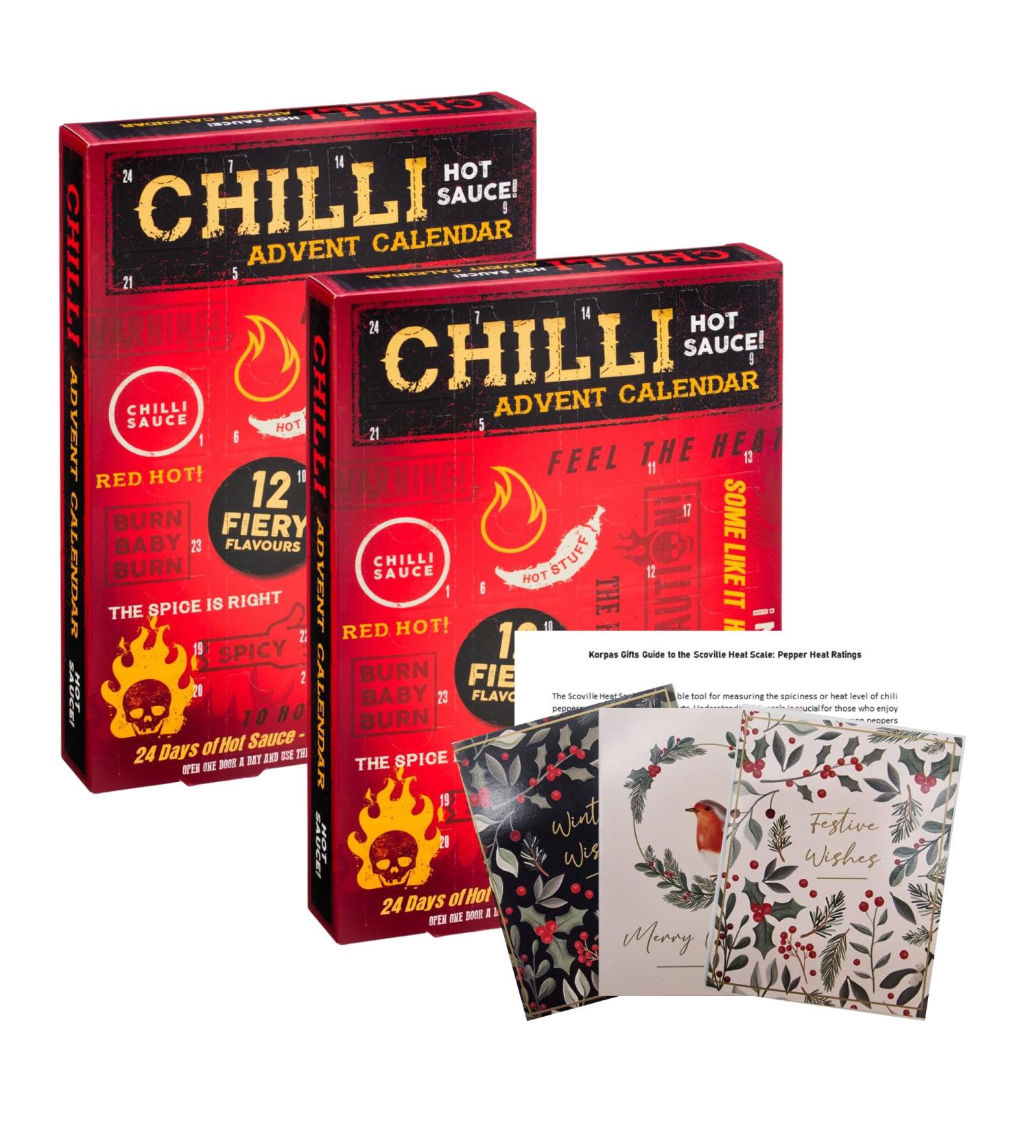 Chilli Advent Calendar 2023 Bundle - 2x Hot Sauce Advent Calendar with Korpas Gifts Heat Scale Guide and Festive Tags - Buy Online on GoSupps.com