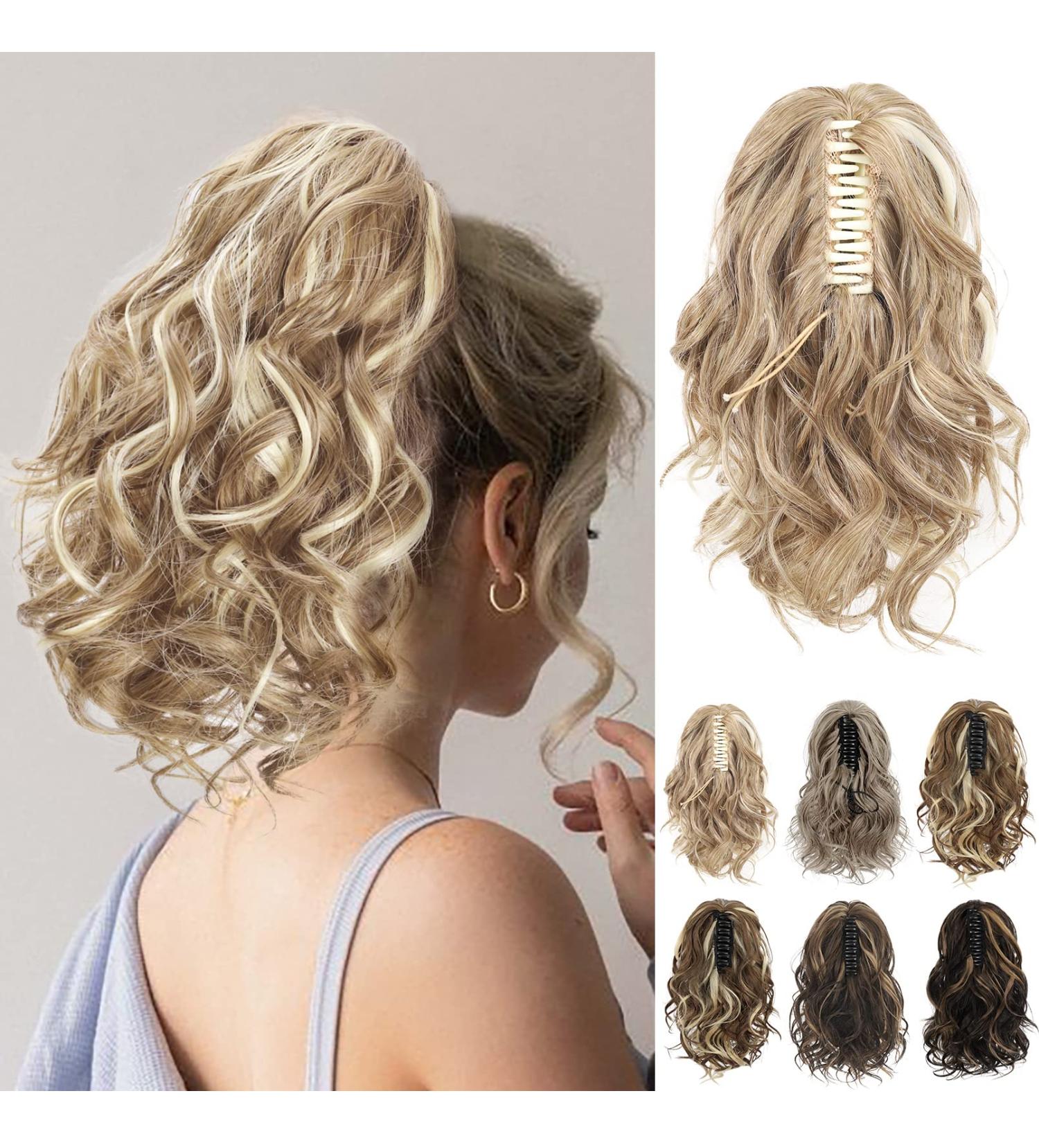 REECHO 10 Inch Short Curly Ponytail Extension Claw Clip in Synthetic Hairpiece - Medium Blonde with Highlights | Natural Wavy Ponytail Extension for Women - Buy Online on GoSupps.com