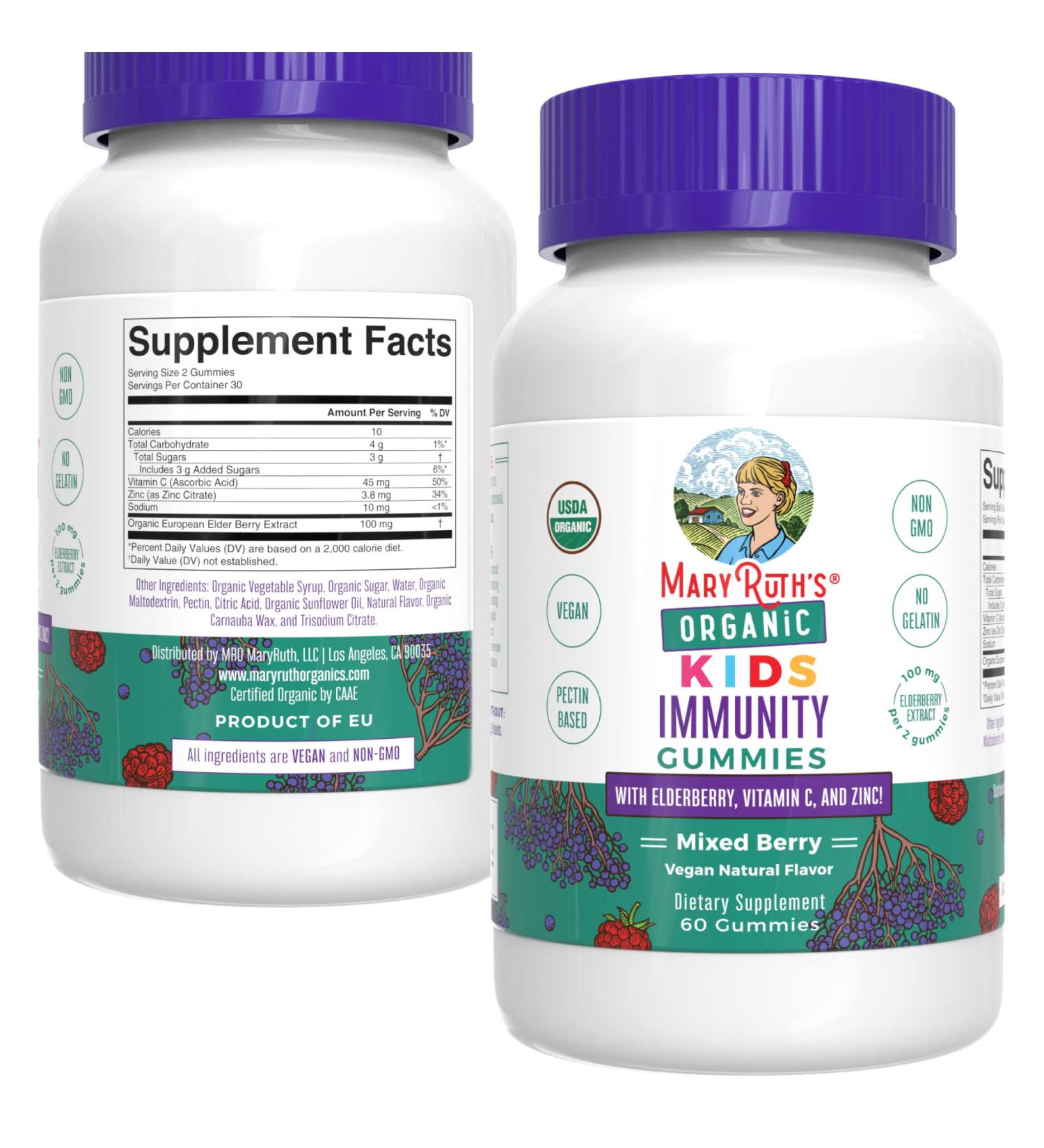 MaryRuth's Kids Immune Support Gummies - USDA Organic Vitamin C, Zinc & Elderberry - Vegan & Gluten-Free - 60 Count - Buy Online on GoSupps.com