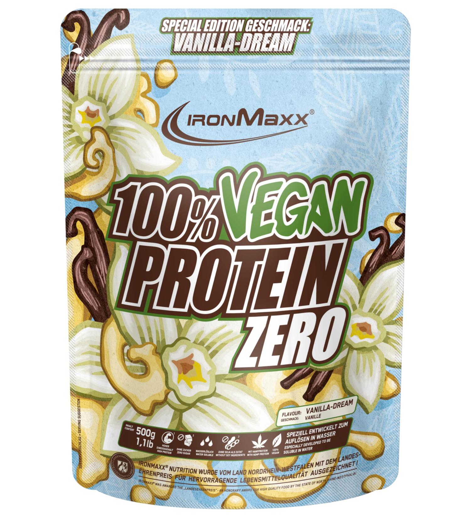 IronMaxx 100% Vegan Protein Zero - Vanilla Dream 500g | Poudre de prot ine sans sucre et riche en prot ines compos e de 4 ingr dients | Poudre de prot ine v ganes sans aspartame Vanilla Dream 500 g - Buy Online on GoSupps.com