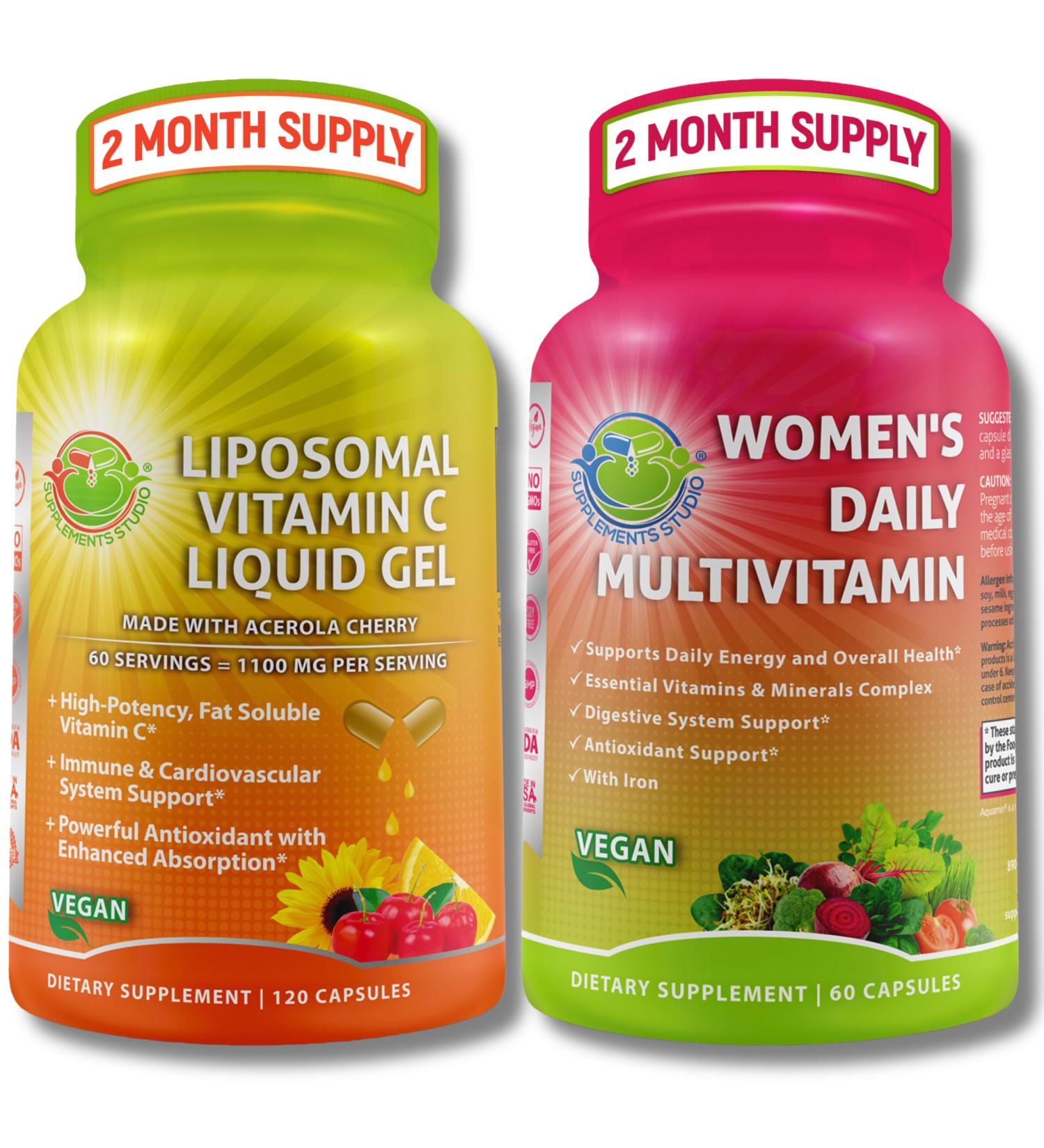 Immune Support Bundle Liposomal Vitamin C 1100mg Liquid Gel Capsules with Organic Acerola Cherry & Vegan Women s Daily Multivitamin with Iron Non-GMO Clean Daily Wellness Support - Buy Online on GoSupps.com