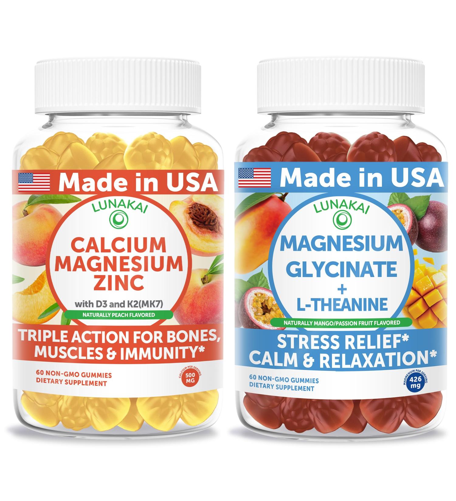 Lunakai USA Made Calcium Magnesium Zinc + Magnesium Glycinate with L-Theanine Gummies Bundle Naturally Flavored Non-GMO 60ct Each - Buy Online on GoSupps.com