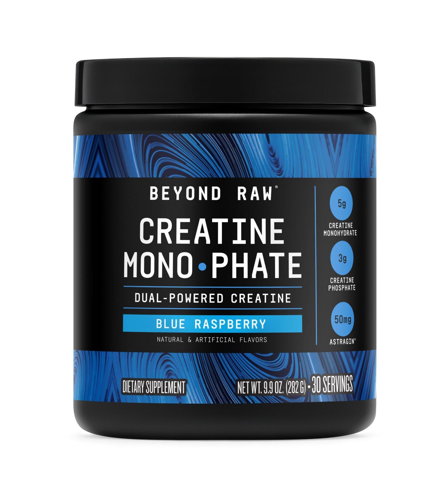 BEYOND RAW Creatine Monophate - Duel-Powered with 5g of creatine monohydrate 3g of creatine Phosphate and 50mg of Atstragin Blue Raspberry (30 Servings) - Buy Online on GoSupps.com