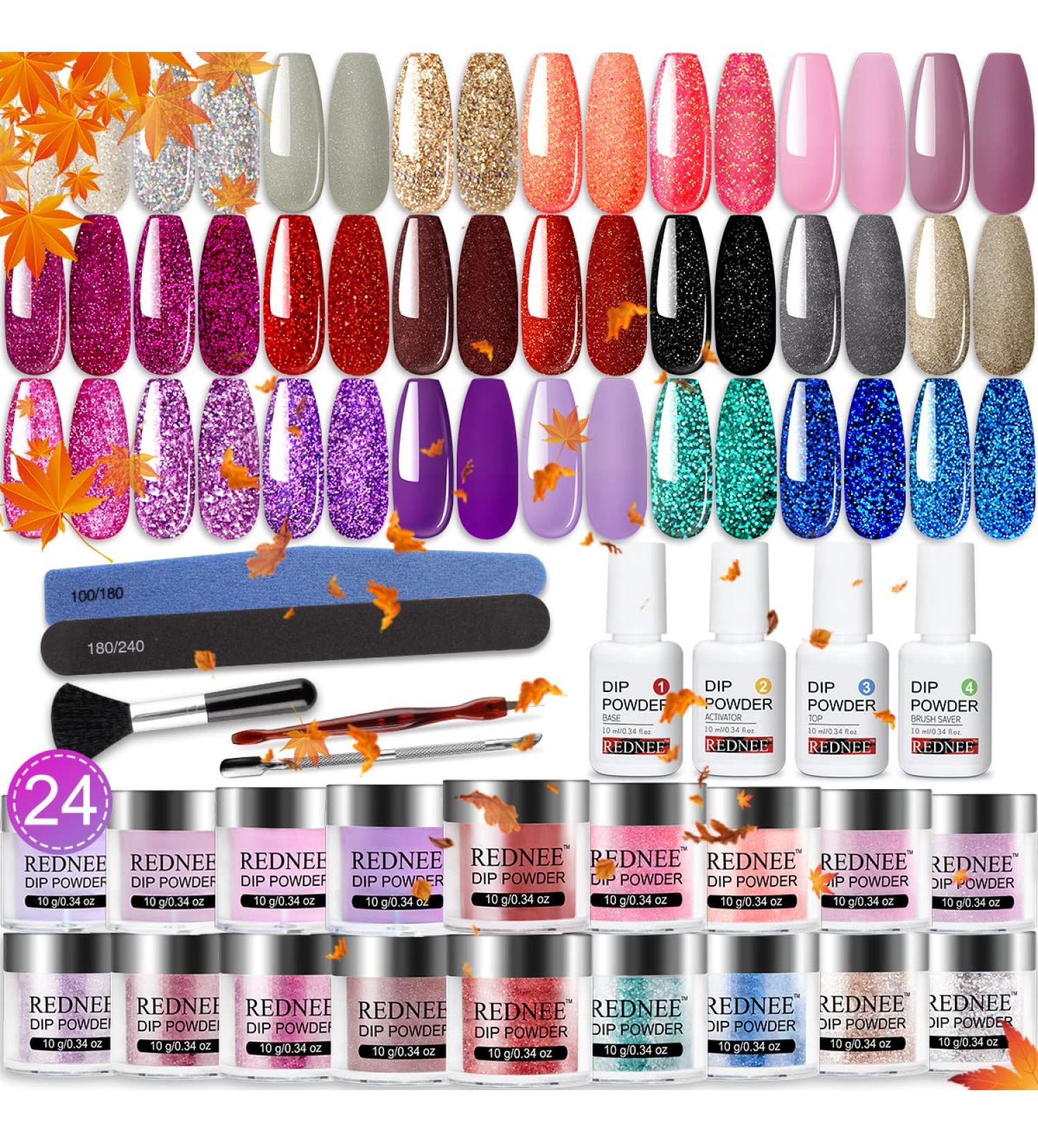REDNEE 33 Pcs Fast Dry Dip Powder Nail Starter Kit - 24 Colors Gray Silver Sparkle Acrylic Dipping System with Base & Top Coat - RE13 Red, Pink, Purple - Buy Online on GoSupps.com