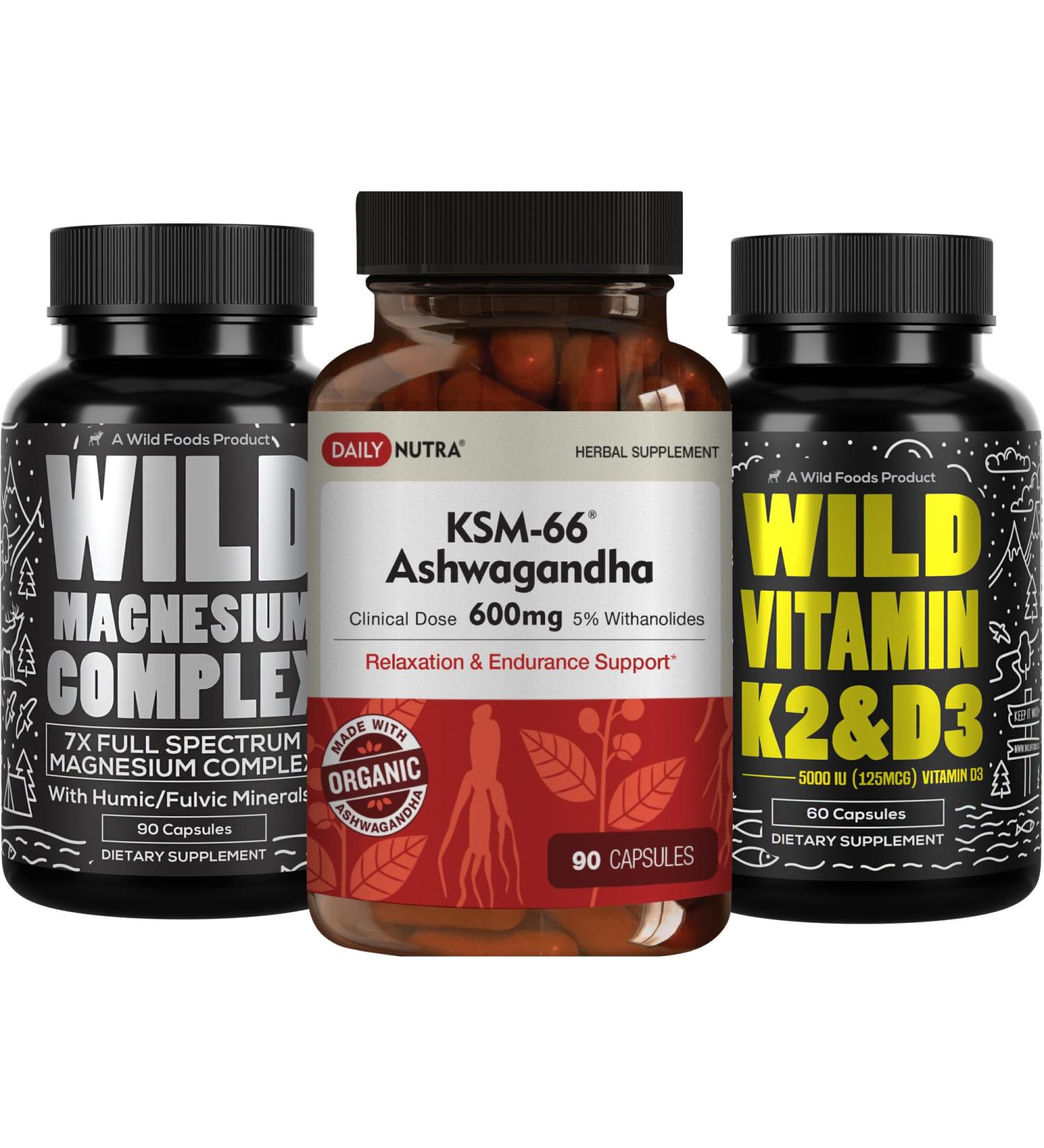 DailyNutra KSM 66 Ashwagandha (90 Capsules) Ashwagandha (90 Capsules) Magnesium Complex (90 Capsules) and Vitamin D3K2 (60 Capsules) Bundle for Wellness - Buy Online on GoSupps.com