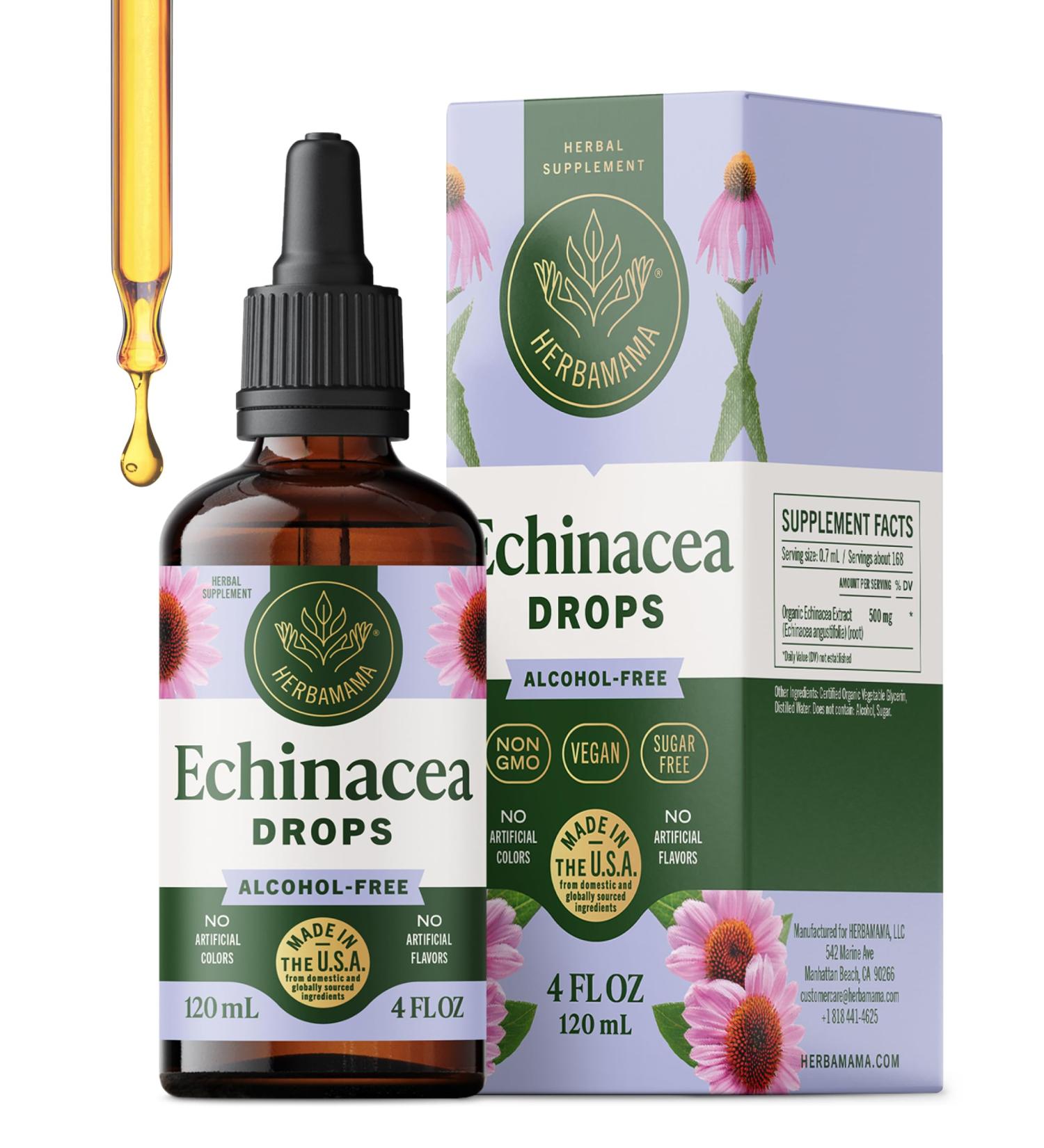 HERBAMAMA Echinacea Tincture - Vegan Immune Support with Echinacea Angustifolia Root Extract Drops - Non-GMO Alcohol & Sugar-Free Liquid Supplement 56-Day Supply 4 Fl Oz (Pack of 1) - Buy Online on GoSupps.com