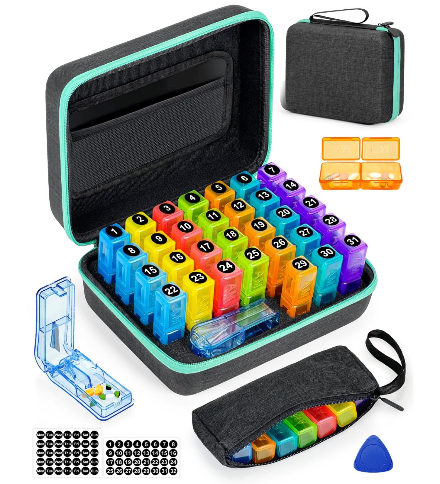 Monthly Pill Organizer & Cutter - 2x Daily Portable Weekly Bag Stickers for Medication Management - Buy Online on GoSupps.com