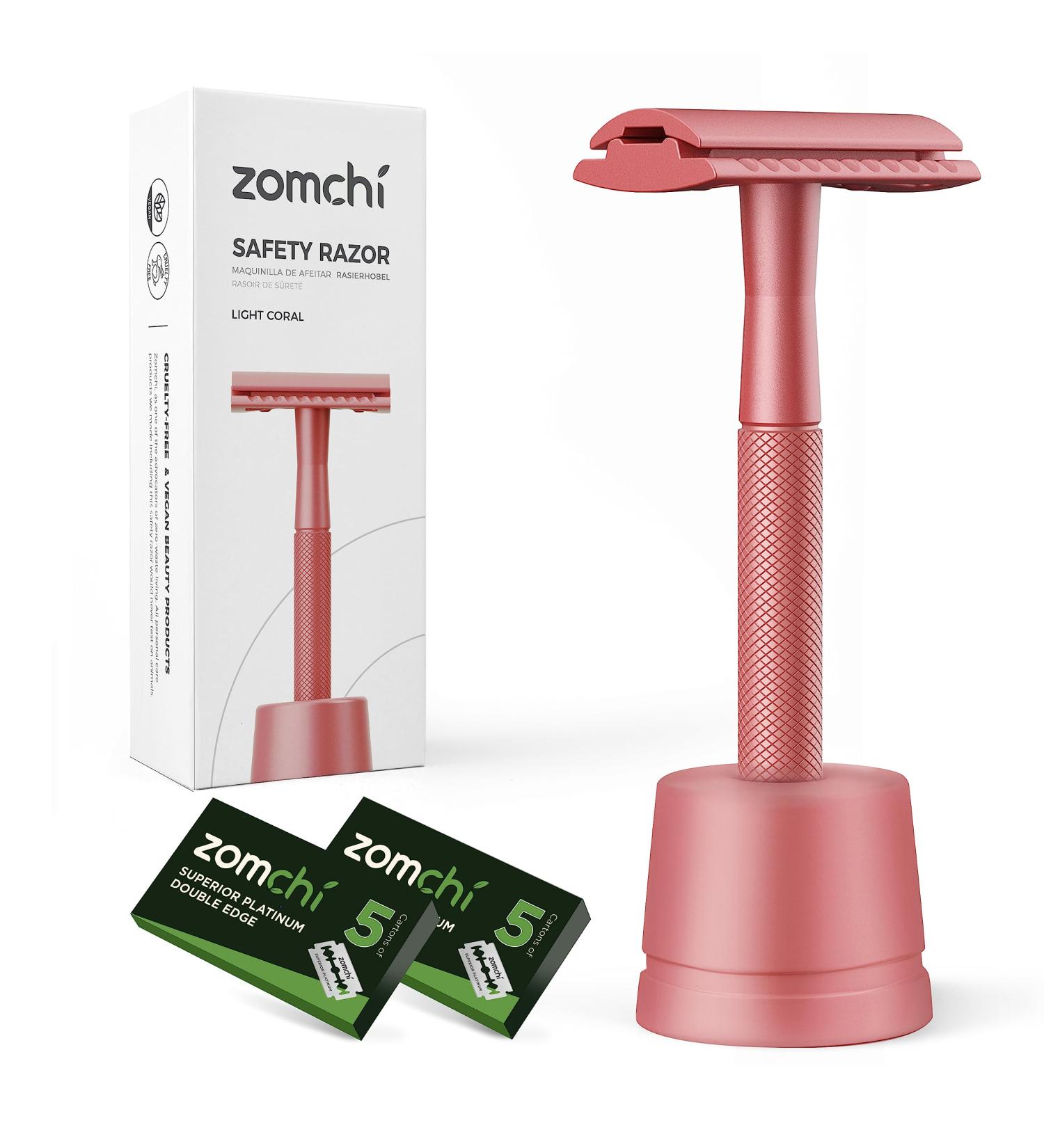 Zomchi Safety Razor for Women - Double-Blade Metal Razor with Shaving Stand & 10 Blades - Red - Buy Online on GoSupps.com