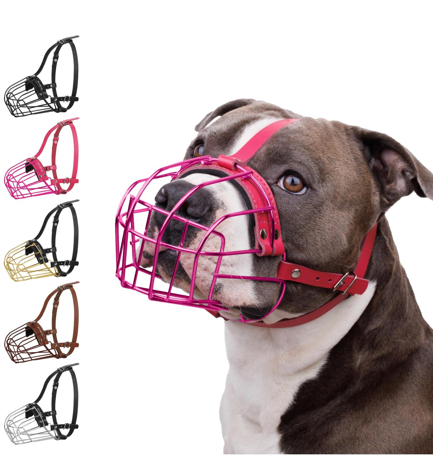 BRONZEDOG Pitbull Dog Muzzle - Adjustable Metal Mask with Leather Straps for Large Dogs - Pink Amstaff Wire Basket Muzzle - Buy Online on GoSupps.com