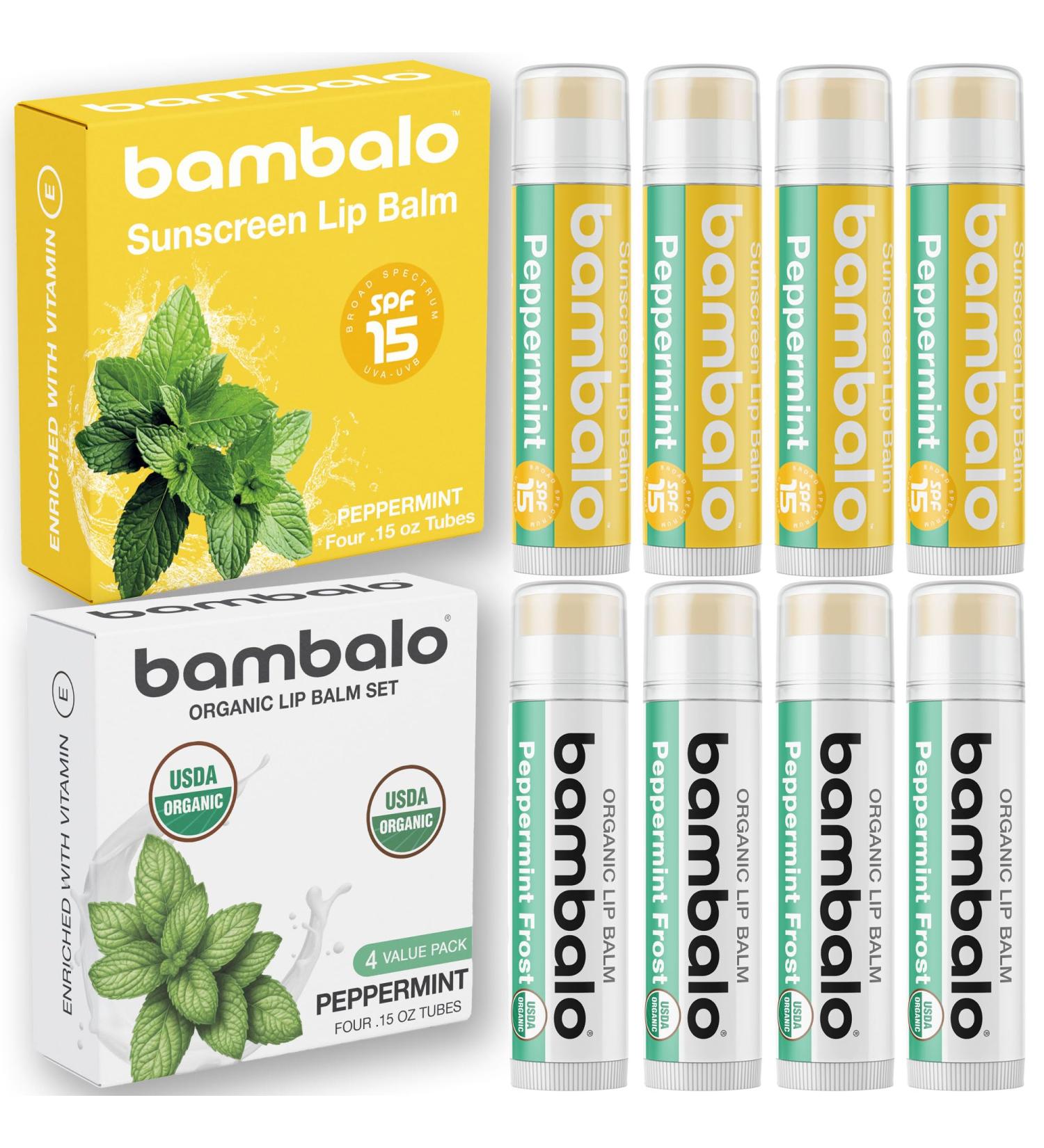 8-Pack Lip Balm Set by Bambalo Includes 4 USDA Organic Flavors & 4 SPF 15 Peppermint Balms Hydrating & Protecting Lip Care Natural Ingredients For Men and Women - Buy Online on GoSupps.com