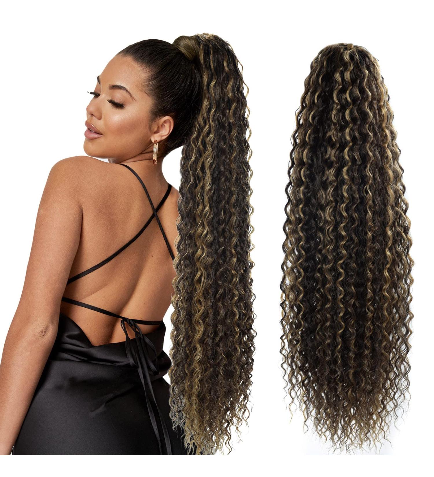 30-Inch Clip-In Drawstring Ponytail Extensions - Dark Brown & Blonde Highlights #P427 - Buy Online on GoSupps.com
