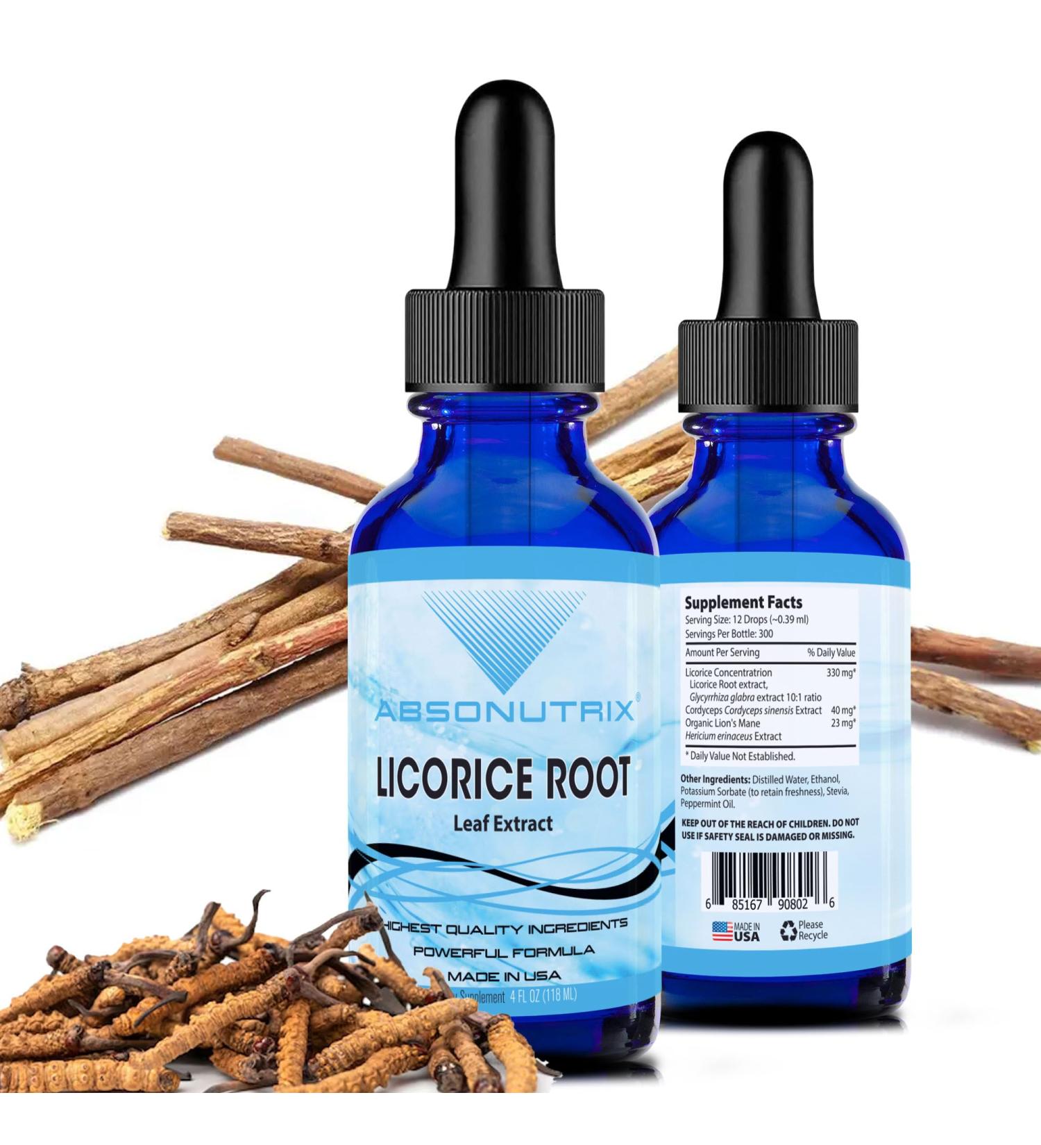 Absonutrix Licorice Root 330 mg 4 Oz Liquid 300 Servings Made in USA Quick Absorption Quality Potent Ingredients Non-GMO GMP-Certified Facility Cruelty-Free Products - Buy Online on GoSupps.com
