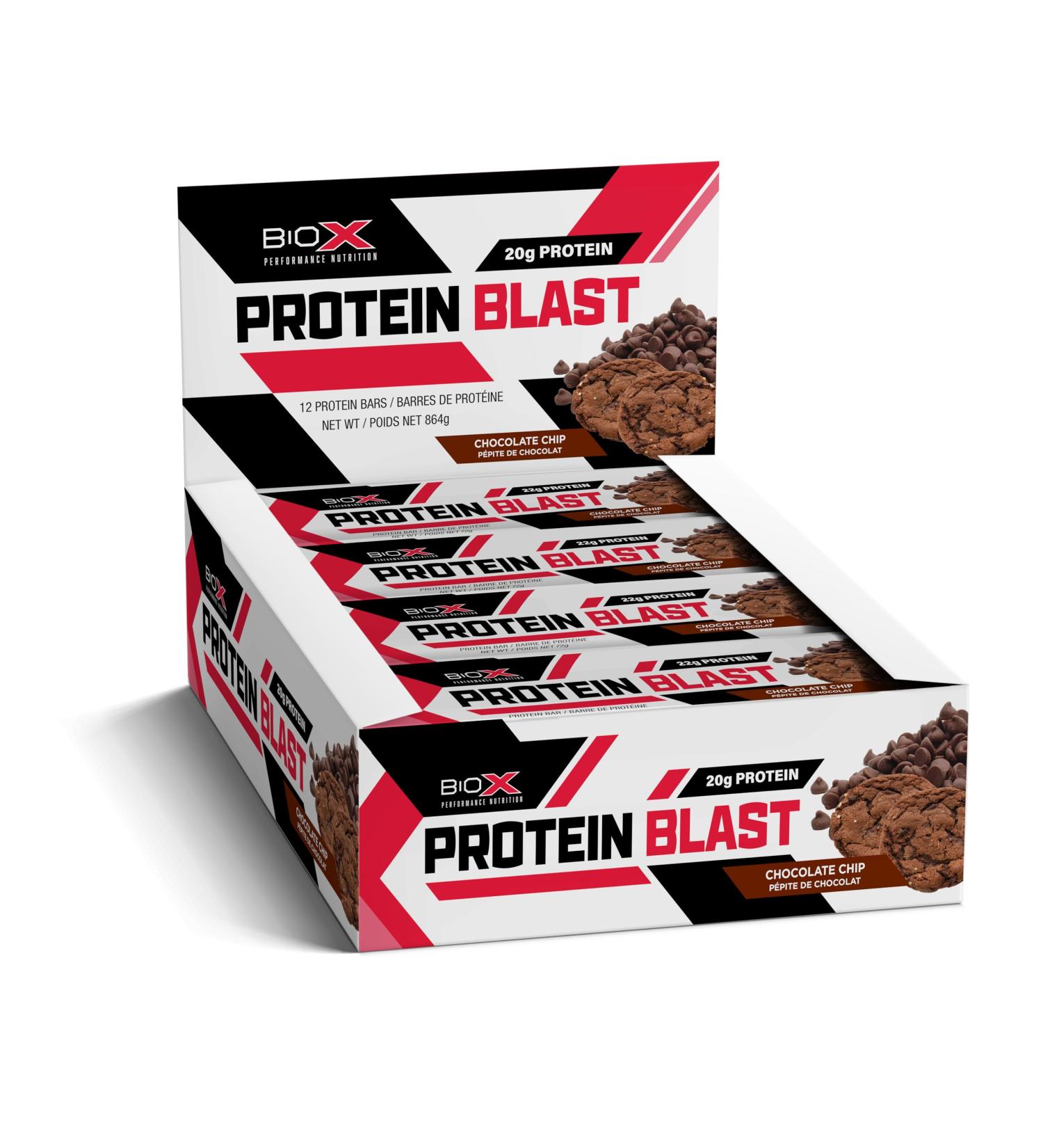 BioX Protein Blast Protein Bars | Protein Bar with Candy Bar Taste | 22g Protein Low Sugar | All Natural Protein Bar Ingredients | Box of 12 Bars (Chocolate Chip Fudge) - Buy Online on GoSupps.com